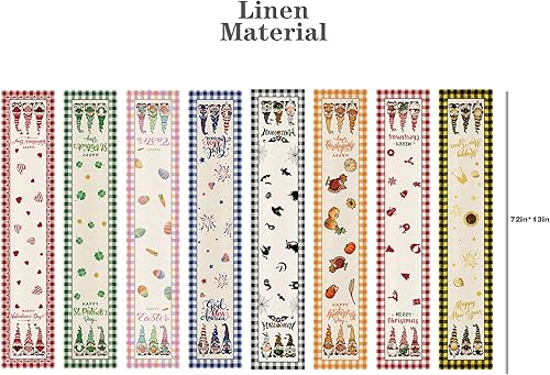 Miniatura 2 de 8 piezas de camino de mesa festivo de gnomos 72 pulgadas de largo, cuadros para el día de San Valentín, día de San Patricio, Pascua, 4 de julio,