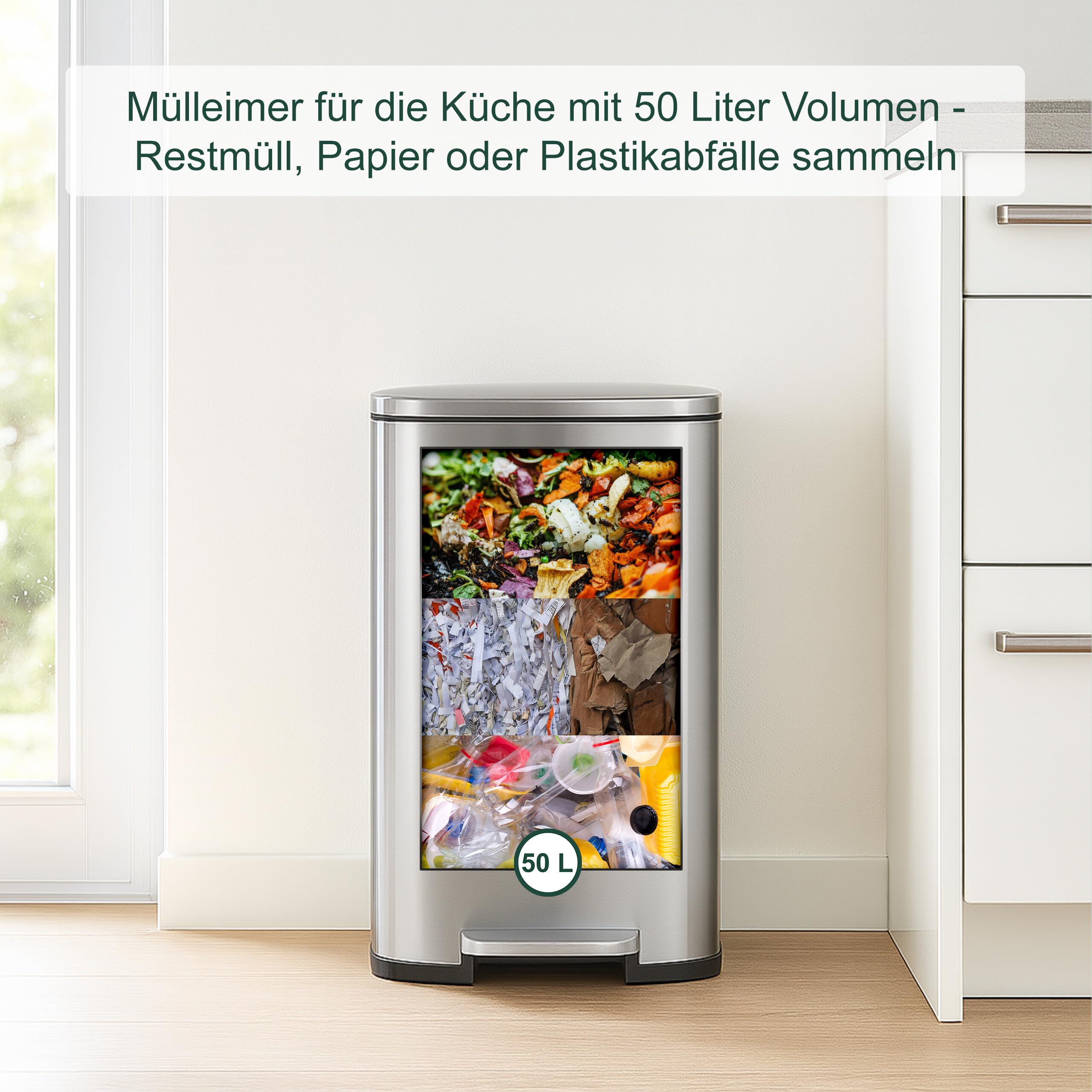 Relaxdays Mülleimer, 50 Liter, Küche, entnehmbarer Inneneimer, Fußpedal, Softclose, Edelstahl, Tretmülleimer, Silber