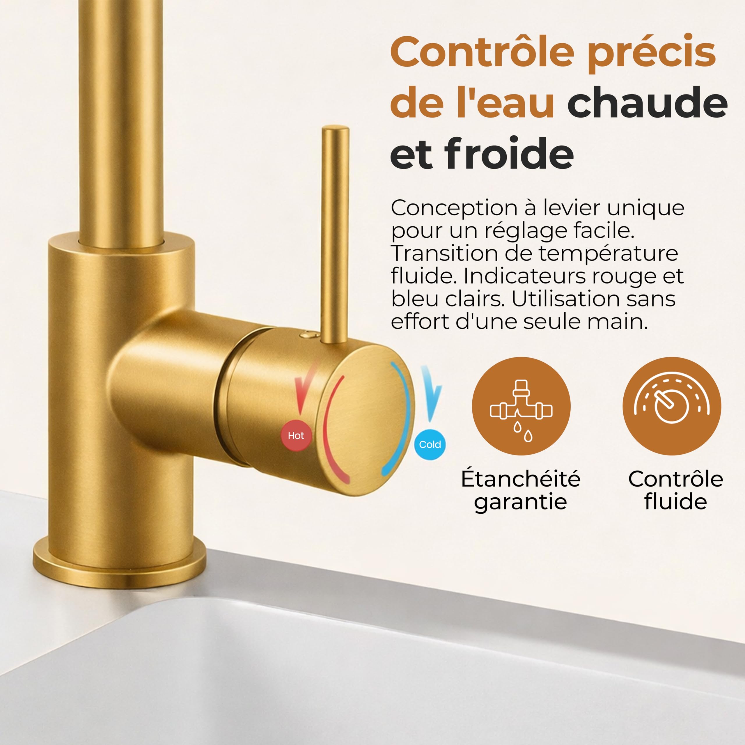 MELTA. Robinet Cuisine Pivotant 360° – Mitigeur Évier Arc Élevé en Acier Inoxydable, Robinet Cuisine avec Levier Unique, Robinet Évier Cuisine Moderne, Installation Facile (OR BROSSÉ) - 4