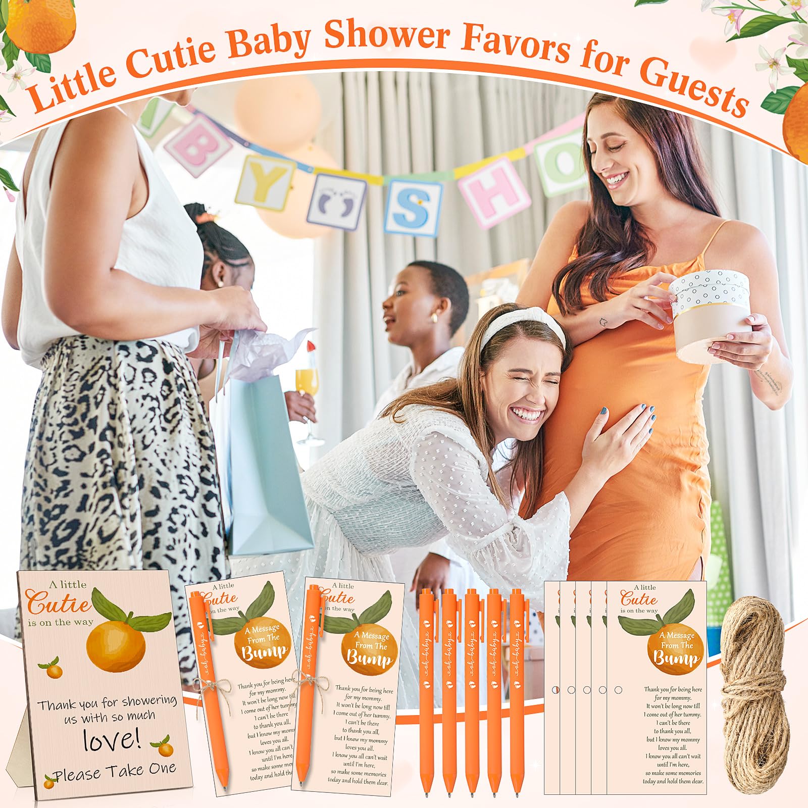 Sintuff 102 recuerdos de baby shower para invitados, 1 letrero de naranjas, 50 bolígrafos de bebé, 50 tarjetas de agradecimiento, 1 cordel a Little Cutie Is on the Way Baby Shower Regalos para