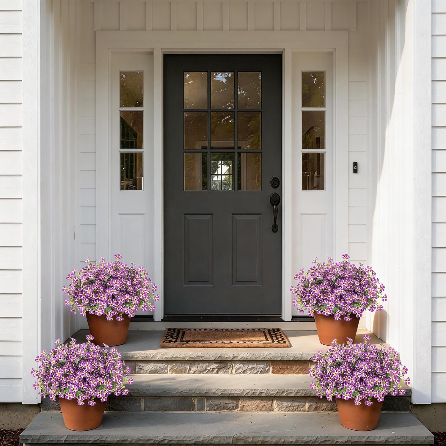 VIERENA 24 Bundles Artificial Flowers and Eucalyptus for Outside, Sun Resistant Silk Fake Morning Glory with Faux Eucalyptus Plants for Garden Porch Farmhouse Home Spring Summer Decor (Purple)