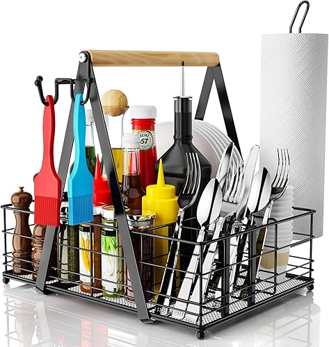 Carrito de parrilla, organizador de barbacoa para parrilla al aire libre, organizador de campamento para cubiertos de plato, organizador de