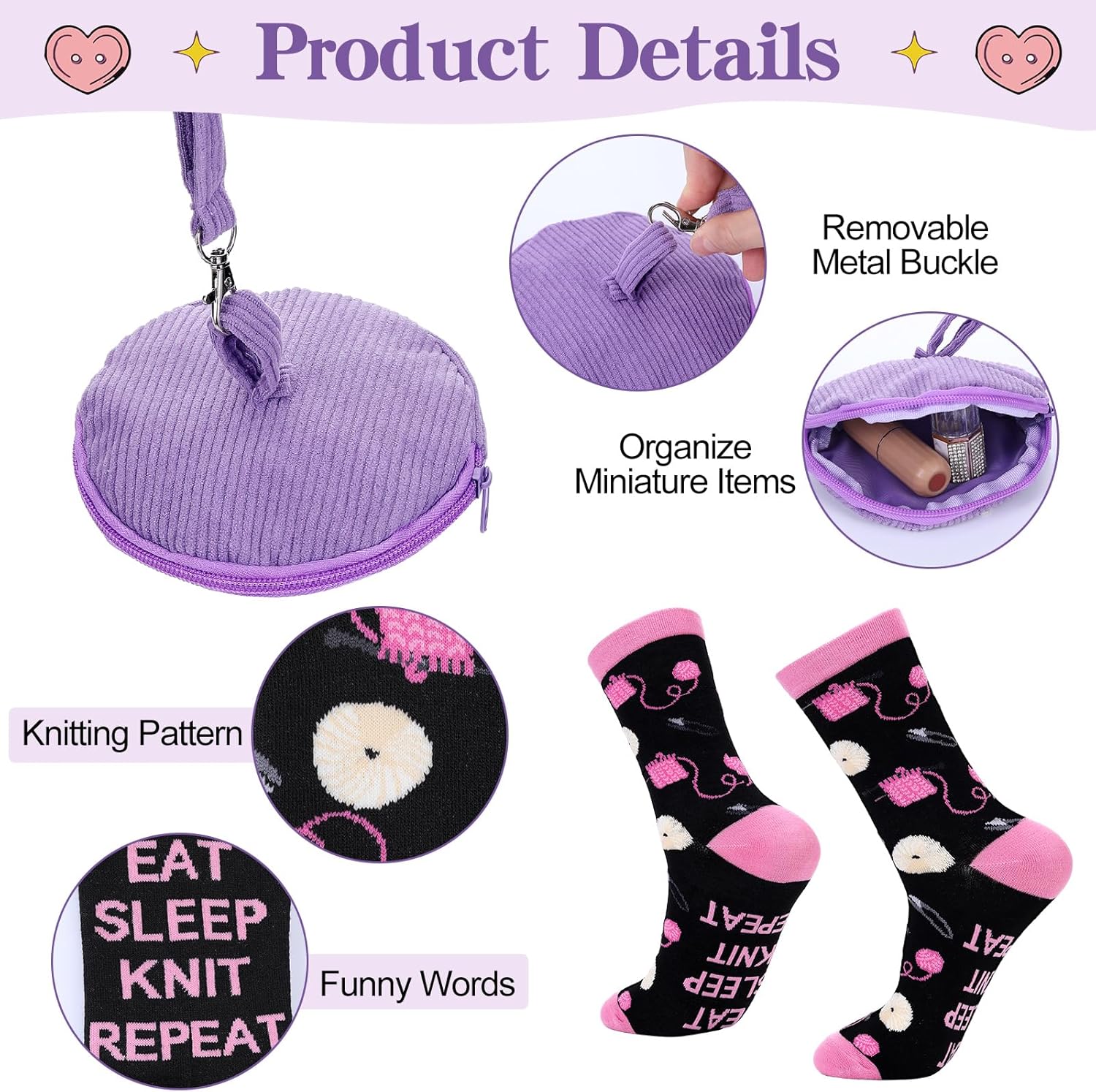 Amylove 6 Pcs Knitting Gifts for Knitters Mother's Day Novelty Knitting Canvas Tote Bag Cosmetic Pouch Coffee Mug Crew Socks Portable Wrist Yarn Ball Holder Set Crochet Lover Gifts for Crocheters