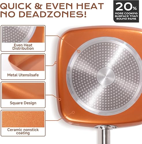 Miniatura 4 de Sartén cuadrada antiadherente de cobre, sartén de 12" para chef con revestimiento de cerámica, apta para horno y lavaplatos, sin PFOA, uso doméstico