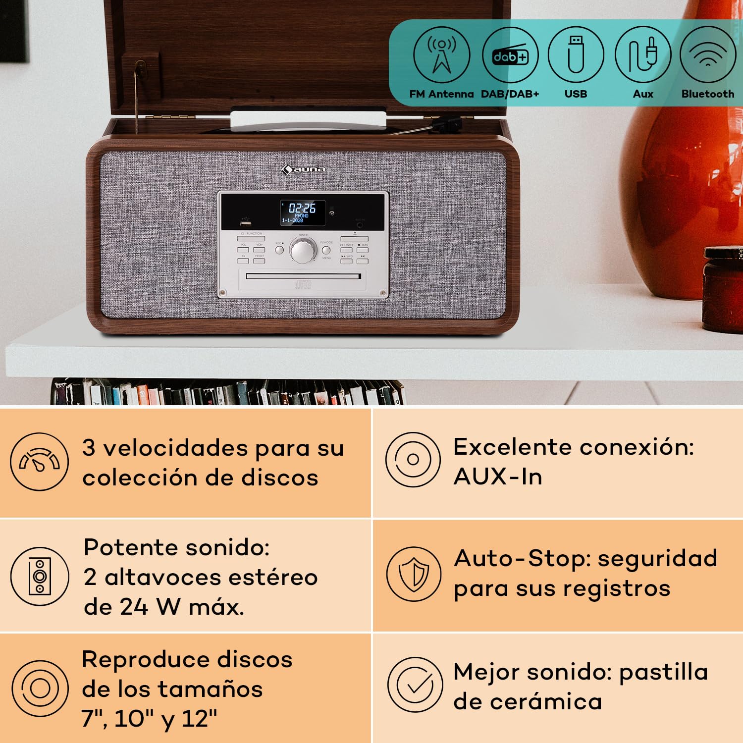 Auna Tocadiscos de Vinilo Vintage con Bluetooth, CD, USB, Altavoces Estéreo, Dab+/FM Radio y Sonido Potente