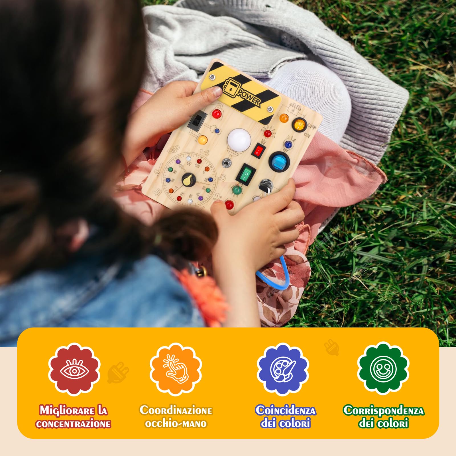 Hoarosall Busy Board Tavola delle attività Montessori in Legno per Bambini 1 2 3 Anni - Busy Board Sensoriale con 10 Interruttori e 23 Luci LED per Sviluppare la Motricità Fine