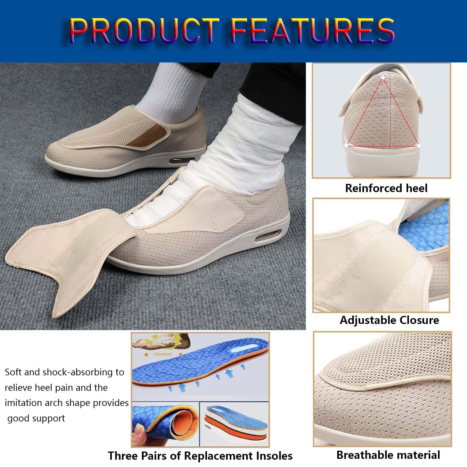 ARMAAN Zapatos Unisex para Ancianos, Zapatos para diabéticos de Ancho Extra Ancho para Hombres y Mujeres con Espuma viscoelástica, Cierre Ajustable, Zapatillas Ligeras con cojín de Aire,Grey-43 EU