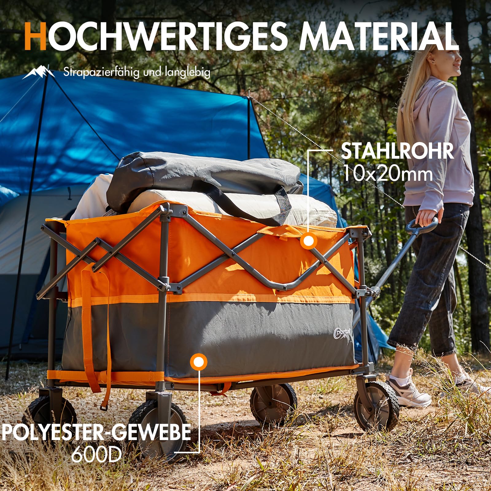 PORTAL Bollerwagen faltbar 300L XXL Große Ladefläche 120KG belastbar Handwagen mit Getränkehalter Seitentasche Transportwagen Leiterwagen klappbar Strandwagen Faltwagen für Garten Camping Festival
