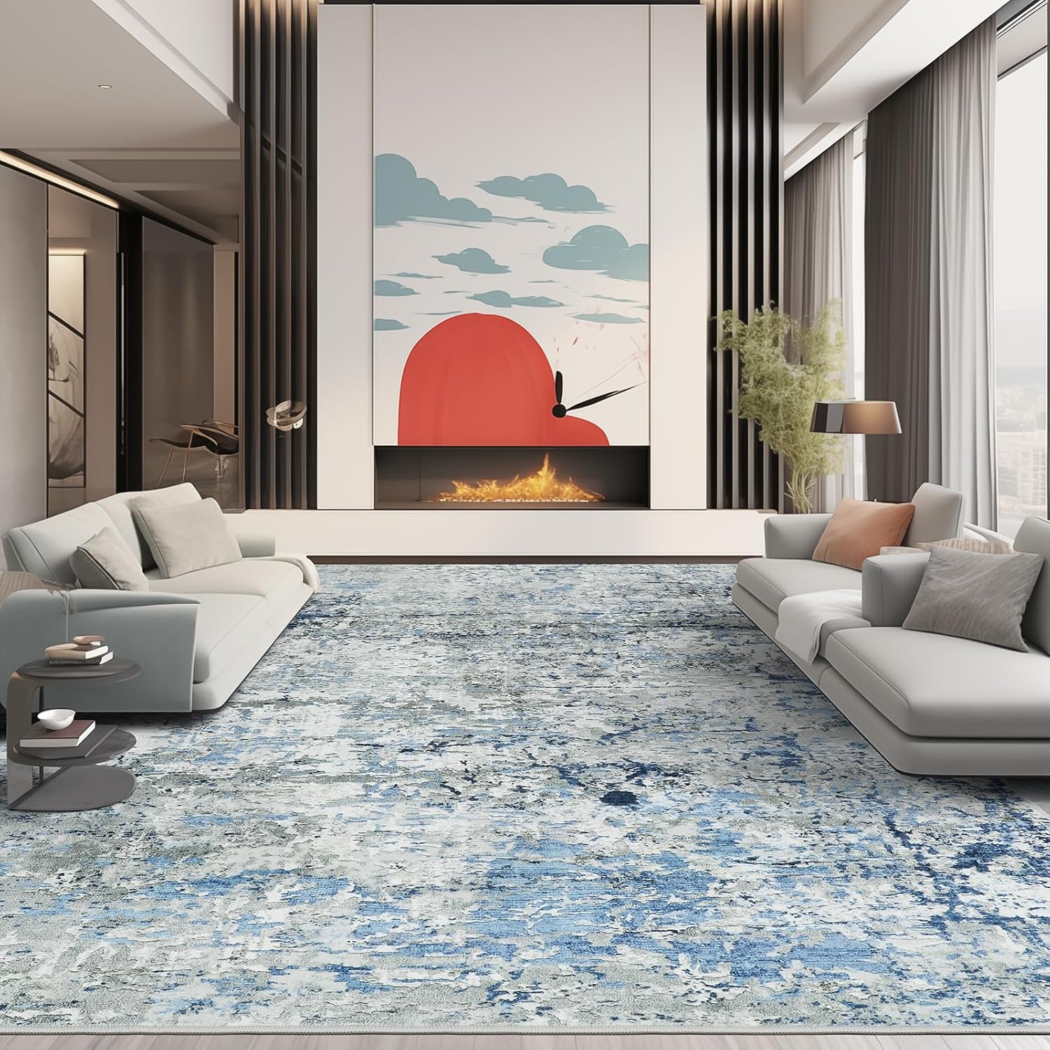 8x10 Area Rugs for Living Room,Anti-Slip Backing Washable Rug,Stain Resistant Modern Abstract Large Area Rug,Ultra-Thin Room Decor Rugs (Blue/Bean Green,8'x10')