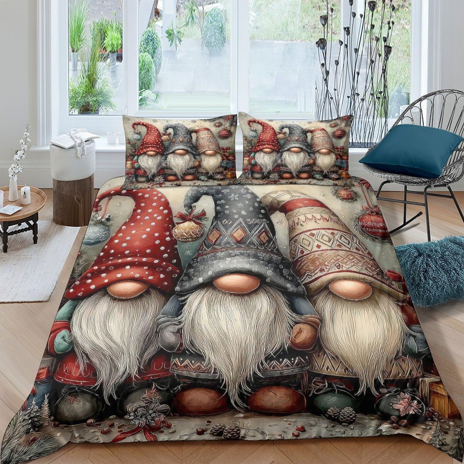 GPLZQXKJNH 3D Printed Christmas Gnome Duvet Cover Microfiber Soft Breathable Nordic Elf Bedding Set with 2 Pillowcases for Bedroom Decor Single（135x200cm）