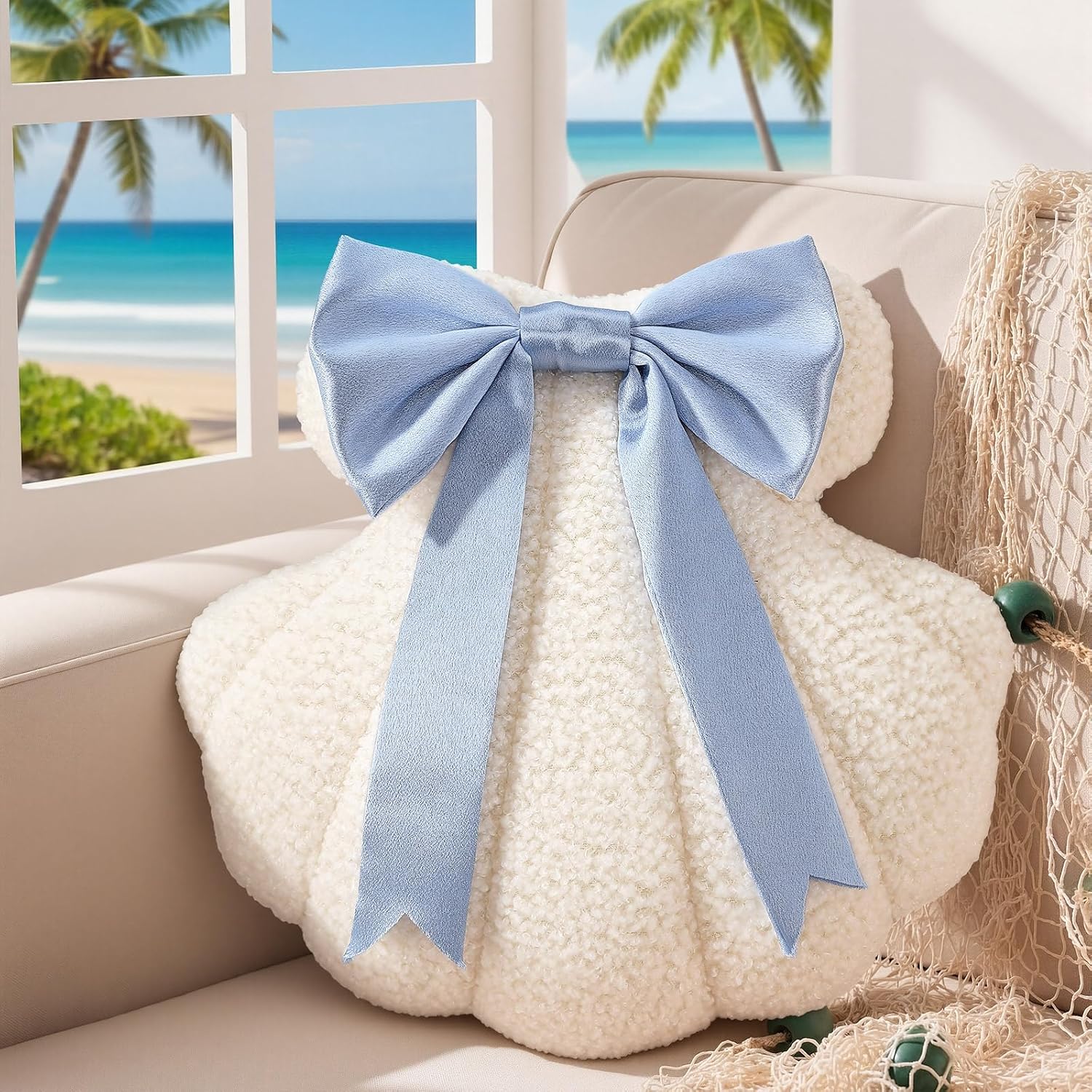 Novabright Seashell Decorative Pillow with Blue Bow - 13 Inch Soft Plush Shell Shaped Throw Pillow Sea Ocean Coastal Beach Decoration for Coastal Beach Decor Couch Bed Chair