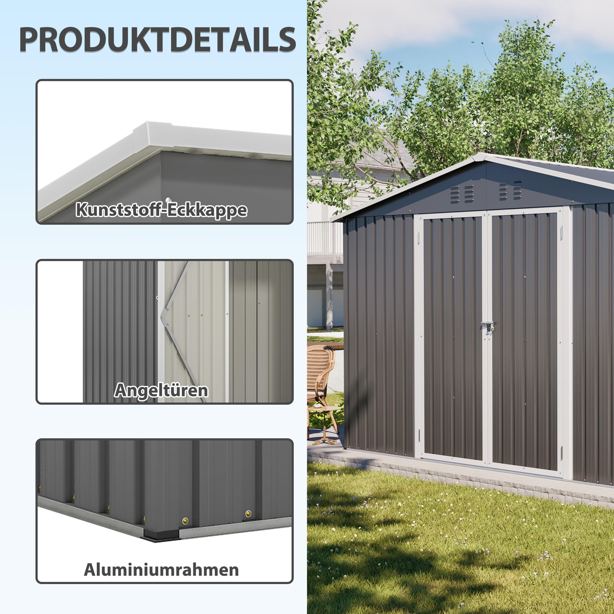 Metall Gerätehaus 300x300 cm Anthrazit, abschließbarer Gartenschuppen mit Bodenrahmen, wetterfester Stahl Geräteschuppen, Fahrradgarage
