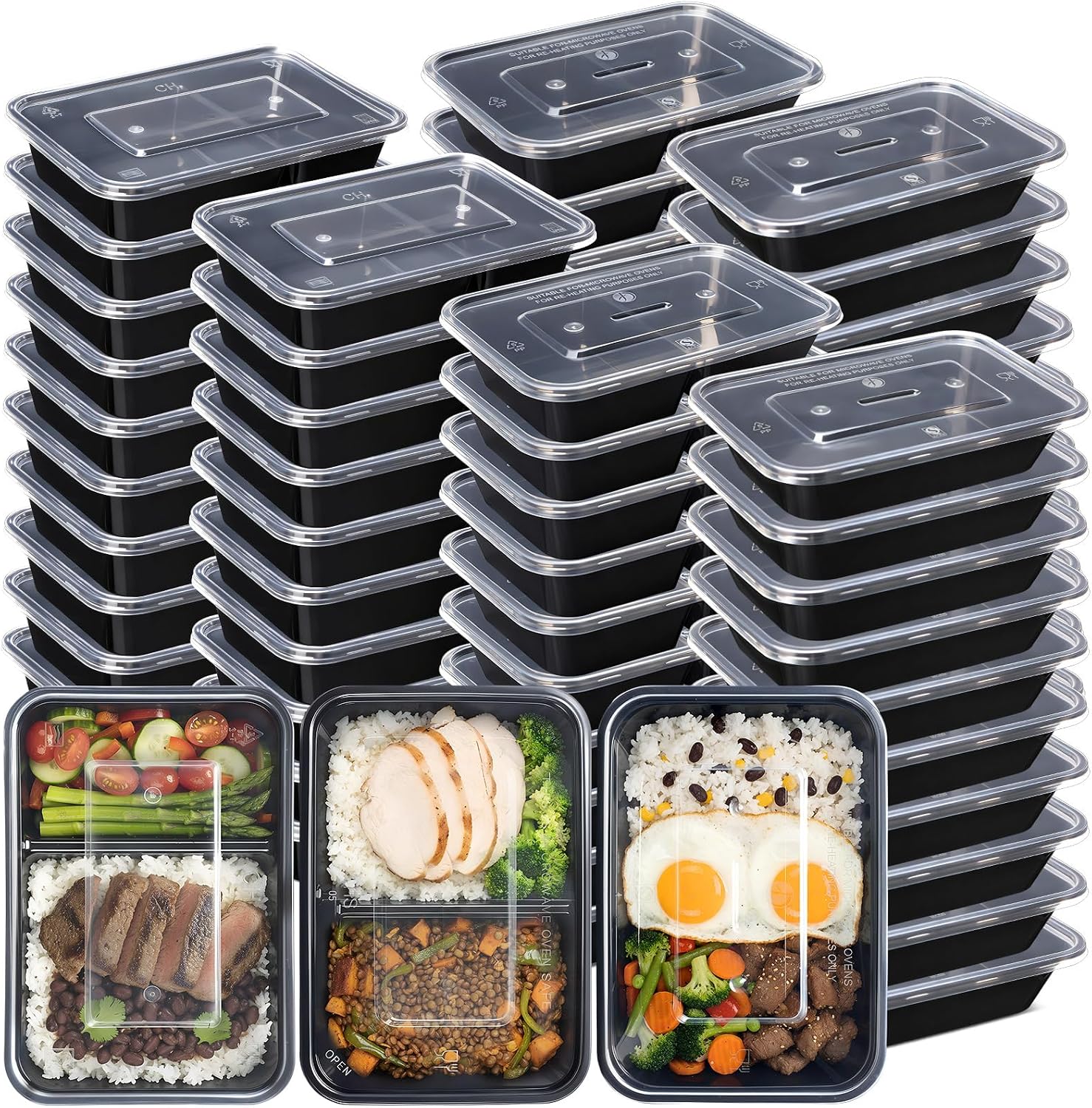 60 Pcs 32 oz Meal Prep Containers with Dividers and Lids, 3 Style