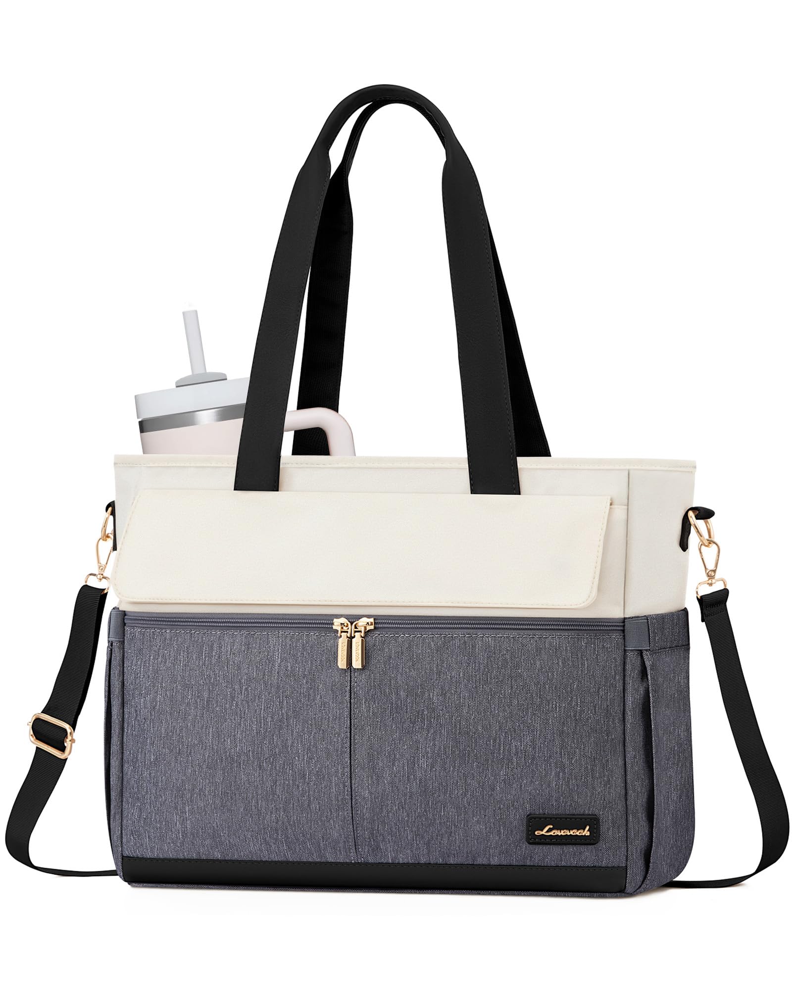 LOVEVOOK Laptop Bag for Women 15.6 Inch Canvas Laptop Large Capacity Work Bags Mutiple Pockets Teacher Bag Water Resistant Computer Bags for Business Travel Nurse, Gray Beige