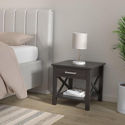 Miniatura 2 de SIMPLIHOME Kitchener - Mesa auxiliar cuadrada contemporánea de madera maciza de 21 pulgadas de ancho en marrón nogal con almacenamiento, 1 cajón y 1