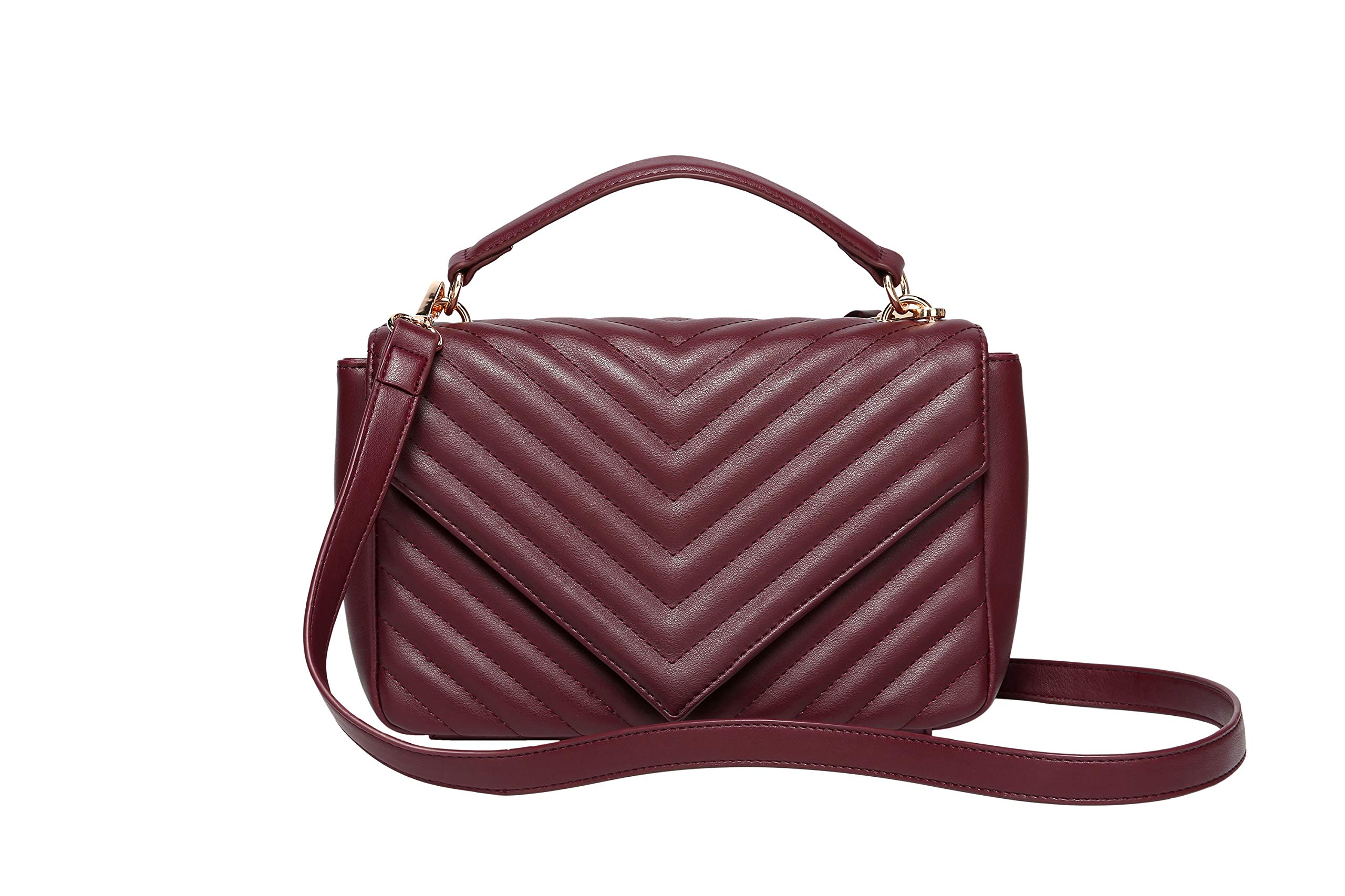 Daisy Rose Quilted Chevron Shoulder Cross Body Bag with Top Handle, PU Vegan Leather - Burgandy
