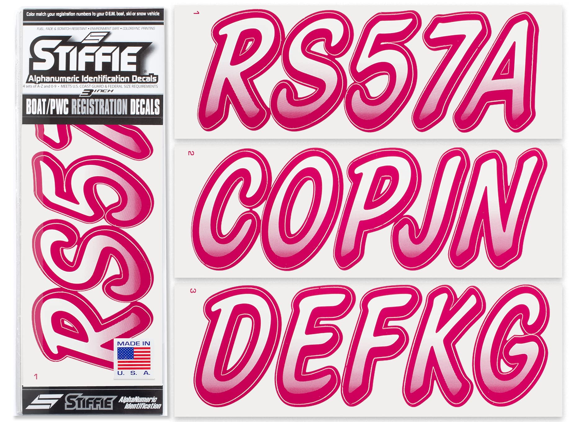 STIFFIE Whipline White/Berry 3" Boat &amp; PWC Registration Decals • Numbers Letters Stickers