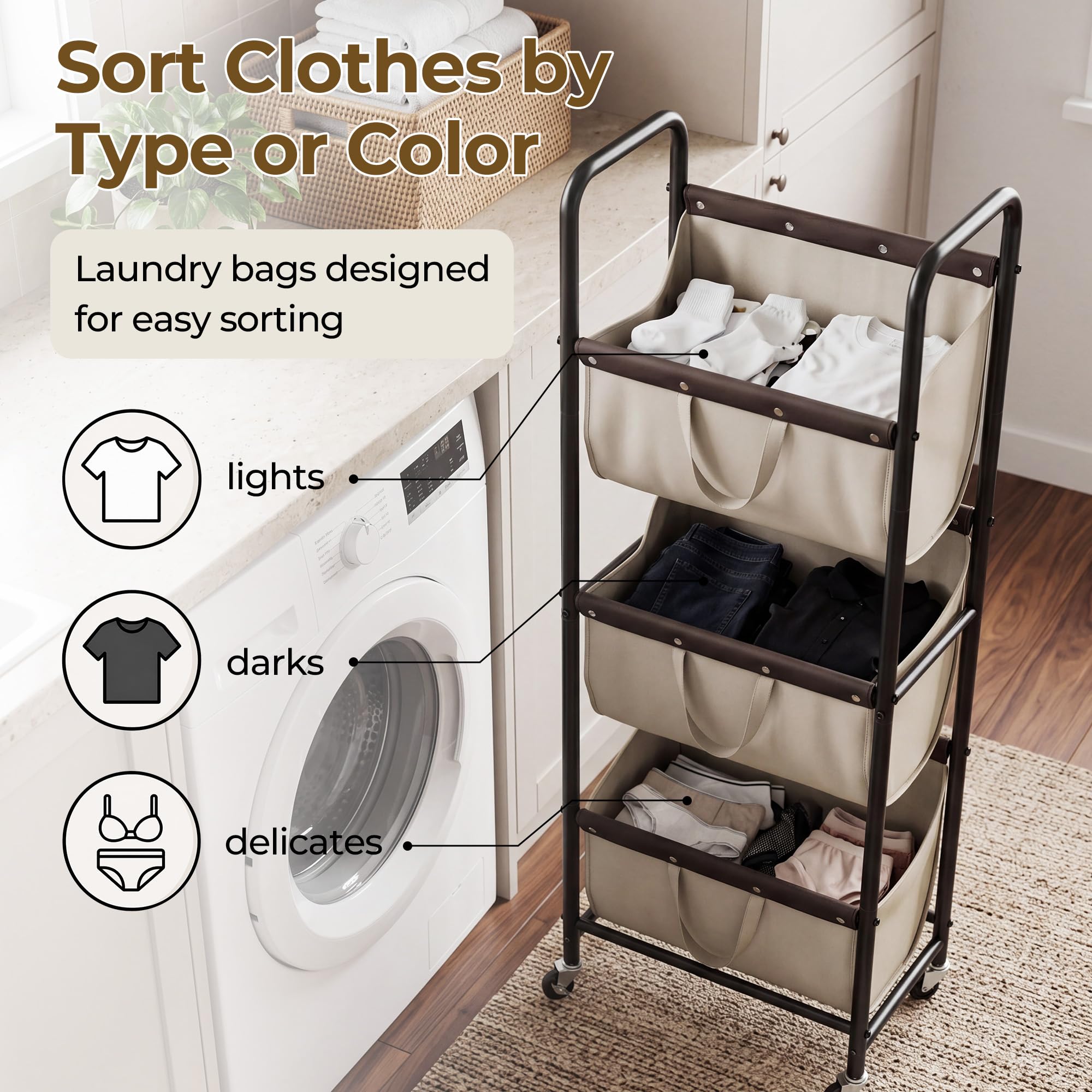 GRANNY SAYS Cesto Ropa Sucia de 3 Lazos, Cesta de Lavandería con Ruedas, Organización y Almacenamiento de Lavandería, Caqui Cesta Ropa Sucia con Ruedas de 3 secciones para Dormitorio, Laundry Basket | Cesta de lavandería resistente de 3 secciones con rued
