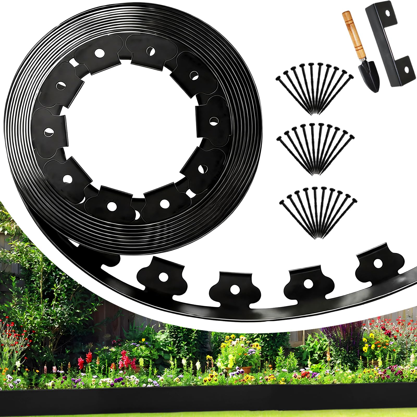 Bordure de Jardin Flexible 10m, Hauteur 5cm, avec 30 Piquets, 1 connecteur et 1 Petite Pelle, pour pelouse, Parterre Jardin. (Noir, 5cmx10m)