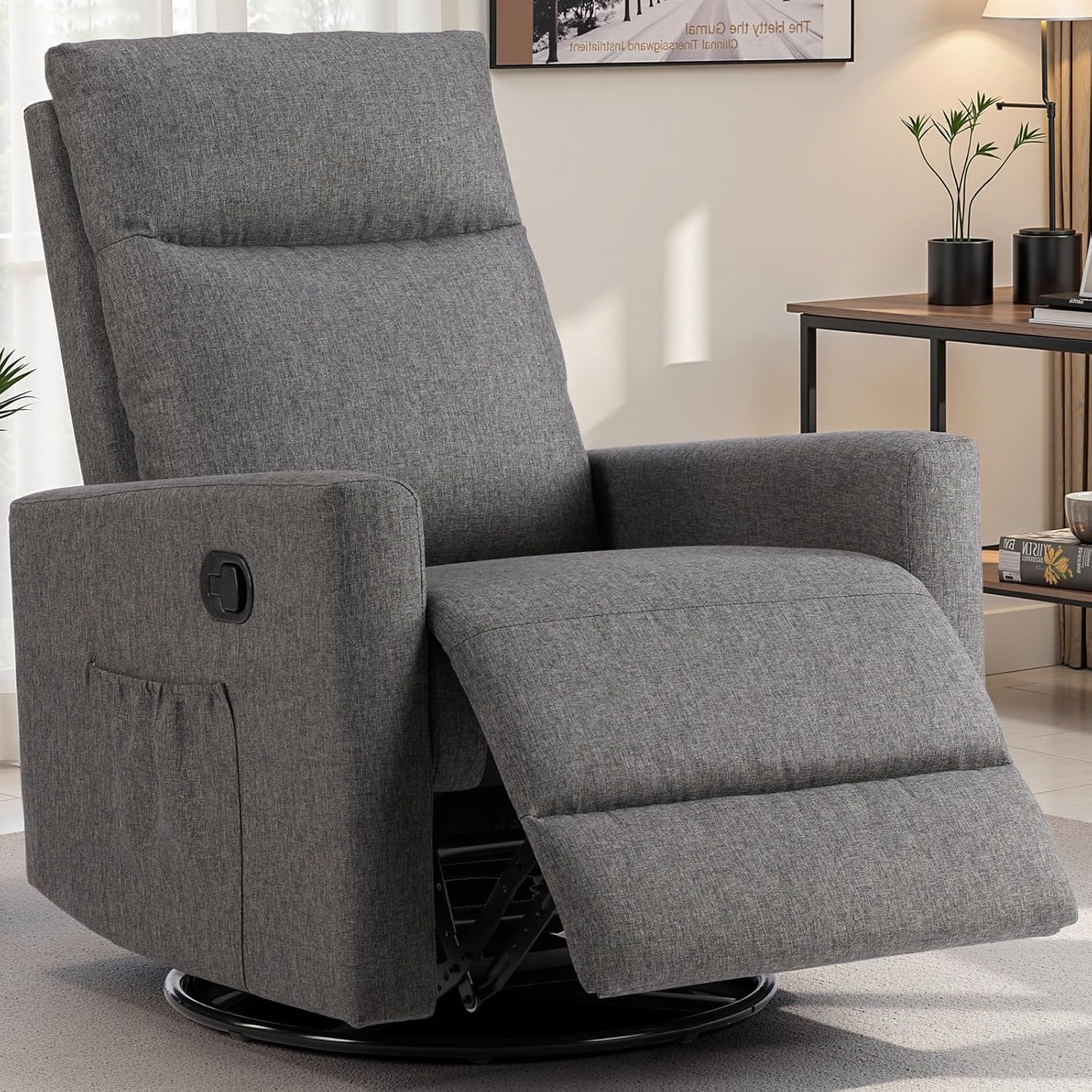 Swivel Rocking Recliner Chair with Extra Large Footrest High Back, Upholstered Glider Nursery Chair for Living Room, Bedroom & Nursery, Comfortable Deep Seat for Relaxation, Grey Concrete Grey
