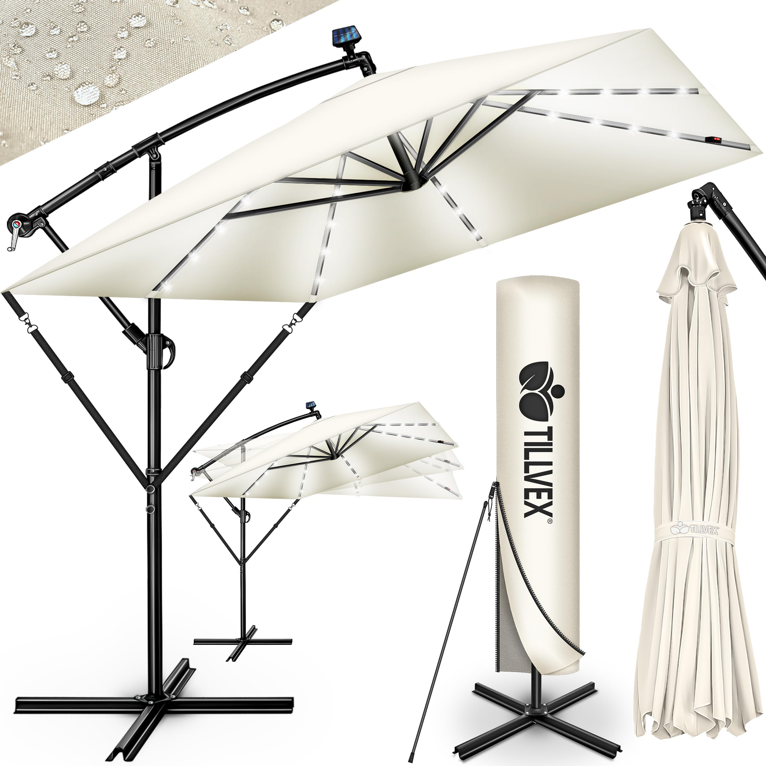 Tillvex Beige - With Led Tillvex® Rectangular Aluminium Parasol, Diameter 330 Cm + Cover With Crank, Rectangular Parasol With Stand And Wind Protection, Garden Umbrella, Uv Protection, Aluminium, Crank Umbrella, Market