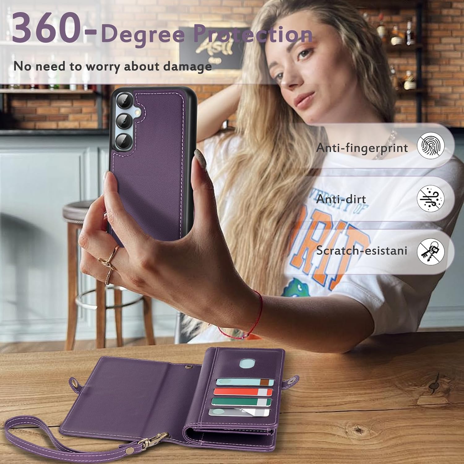 for Wallet Case Compatible with Samsumg Galaxy S24 Plus Multi-Function Detachable 2 in 1 Magnetic Phone Case Wallet,Flip Strap Zipper Card Holder Phone Case with Shoulder Straps (Purple)