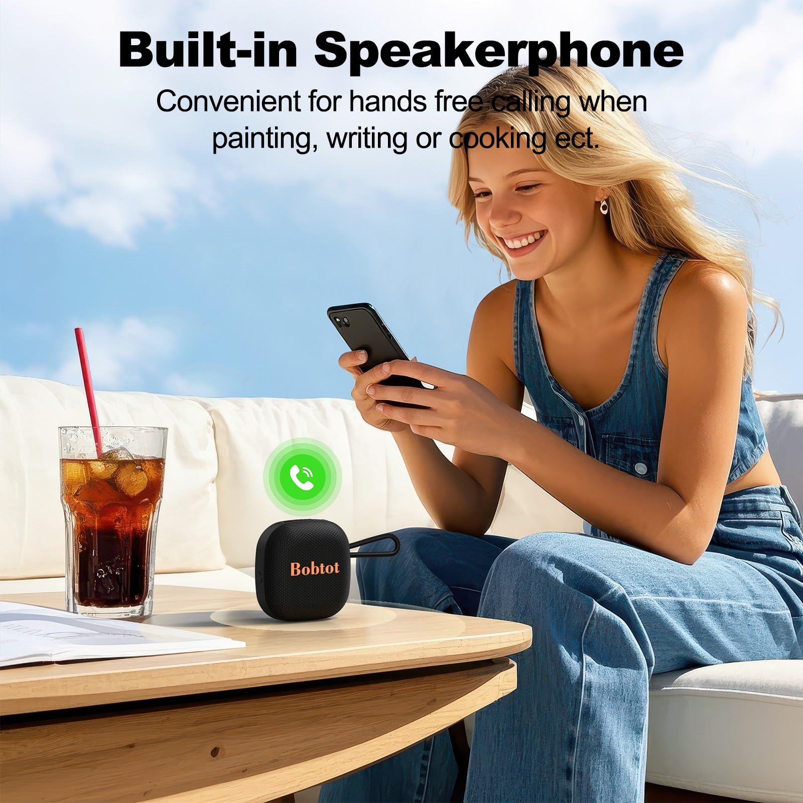 Bobtot Altoparlanti Bluetooth portatili, mini altoparlante wireless IPX7 impermeabile con 16 ore di riproduzione, suono stereo forte, TWS, microfono integrato, di piccole dimensioni con cordino, nero