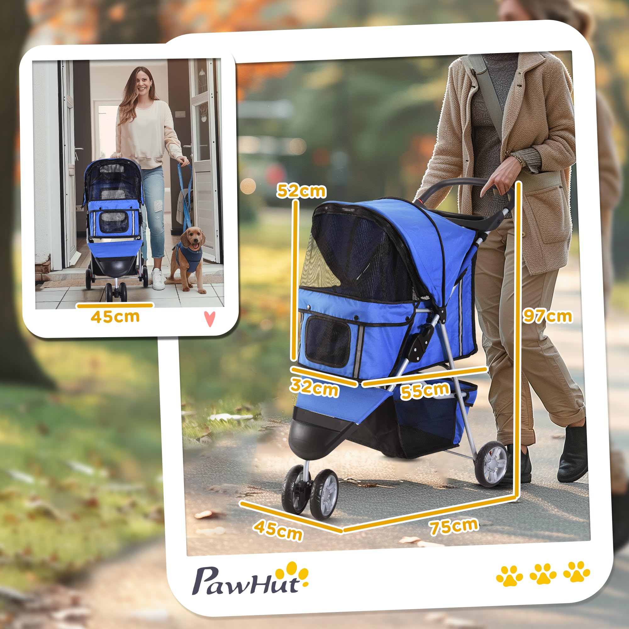 PawHut Passeggino per Cani Pieghevole Carrello per Animali Domestici Carrello Carrozzina Blu 75 x 45 x 97cm