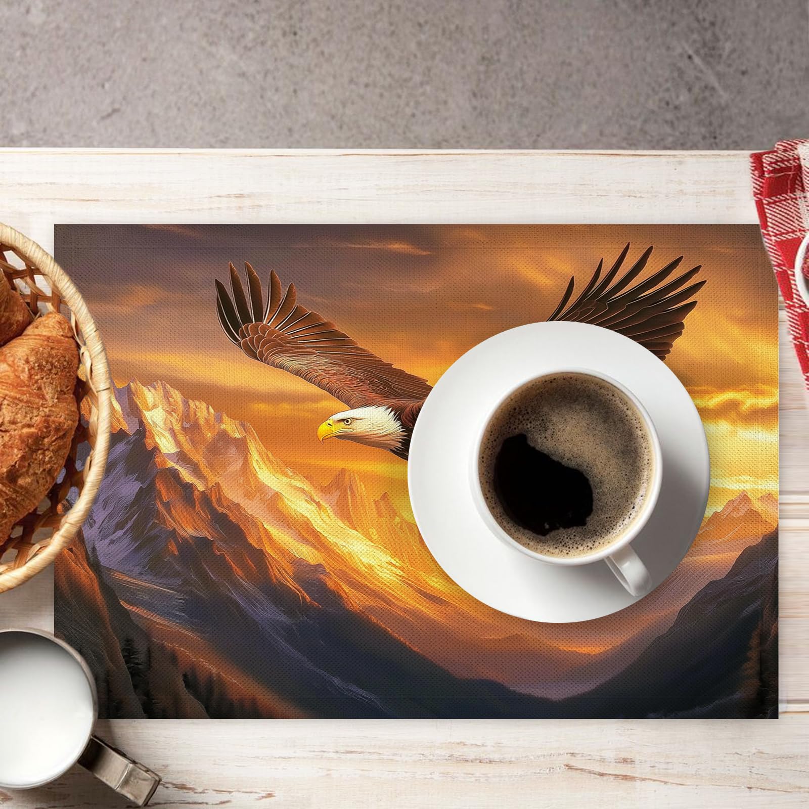Set di 8 Tovagliette Americane Lavabili Cotone Lino Animale - Tovaglietta Americana Stoffa Resistenti al Calore Durevole Aquila calva di montagna- per Colazione Pranzo