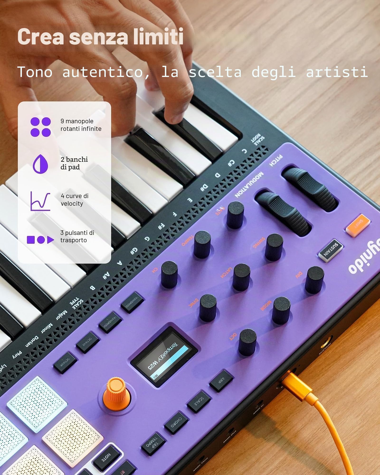 Synido TempoKEY W25 - Tastiera controller MIDI USB C con connessione wireless a 25 tasti, ricaricabile con 8 pad RGB Velocity, schermo OLED, In/Out/Thru, tastiera MIDI professionale per produzione