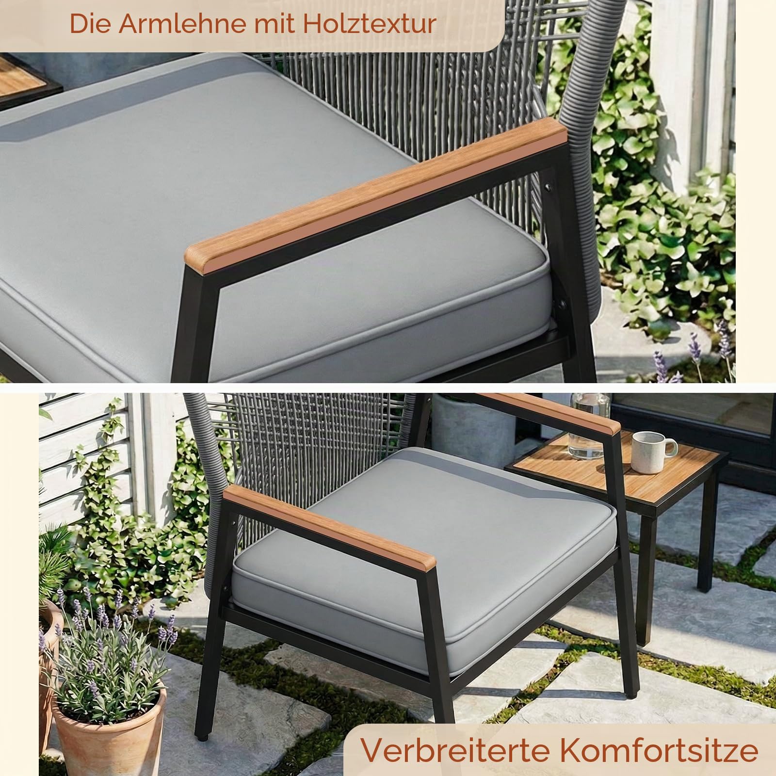LIFERUN Gartenmöbel Set, Gartenstuhl Rattan Set, mit 2 Rattan Stühlen 1 Gartenbank und Tisch, 4-teiliges Gartenset, Outdoor Balkonmöbel Metall und Rattan, Bis 160 kg, für Terrasse Garten Veranda, grau