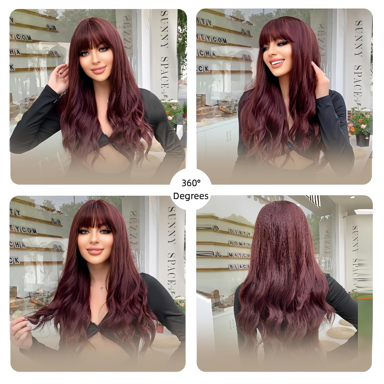 Human Hair Wigs Long Curly With Bangs In Wine Red For Women Natural Look Soft Fluffy Texture Breathable Cap For Daily Wear (Burgundy 26inch)