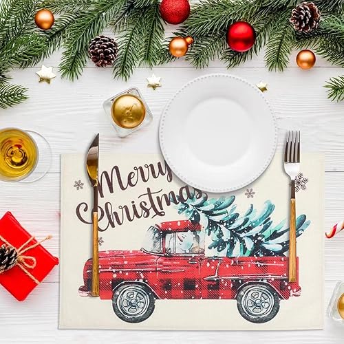 Miniatura 5 de Paquete de 7 manteles individuales de Navidad a cuadros, diseño de copos de nieve de búfalo rojo y negro para mesa de comedor, decoración de mesa de