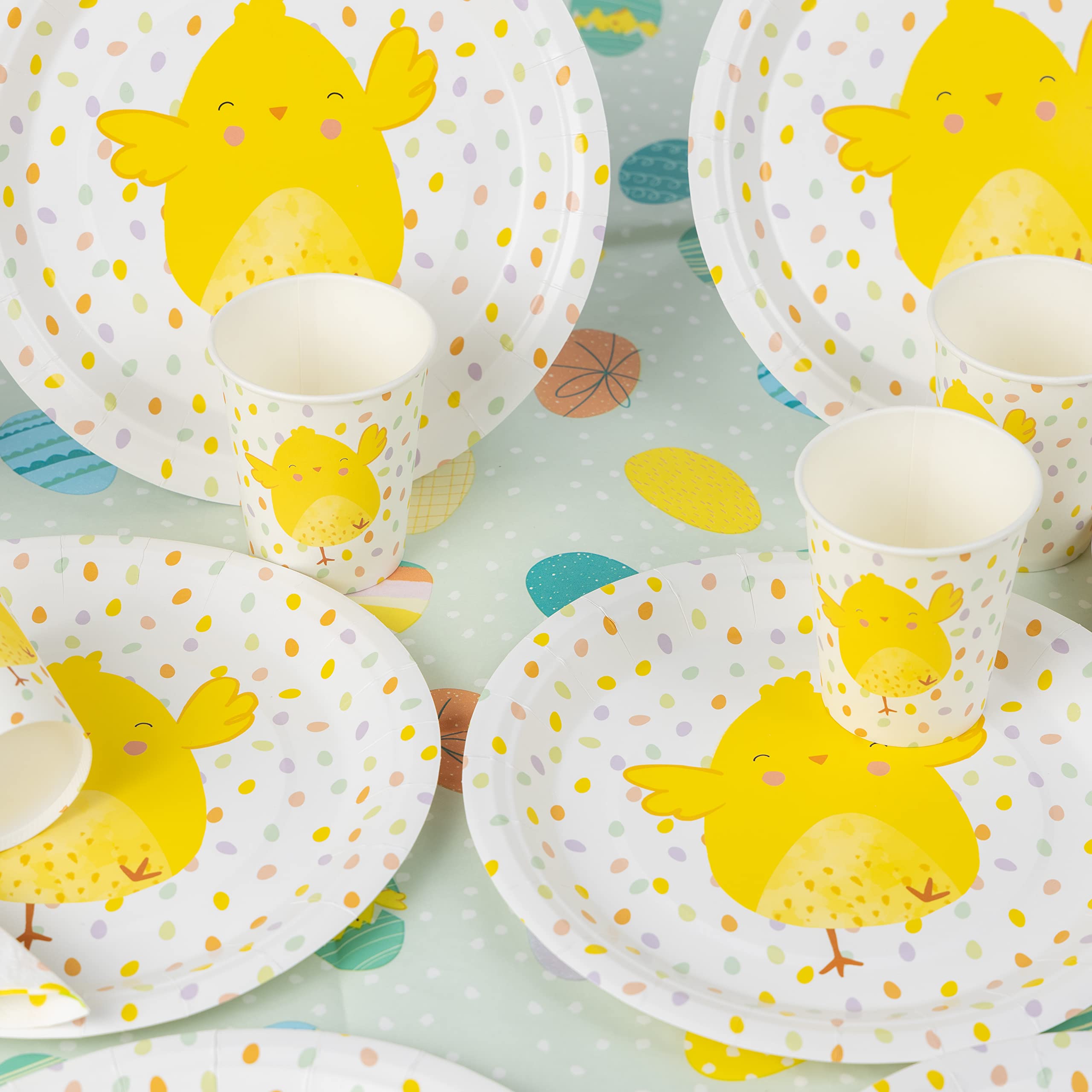 Evelay Yellow & White Easter Party Tableware Set For 8 People With Paper Plates Cups Napkins Food Table Cloth Chick Decorations Supplies