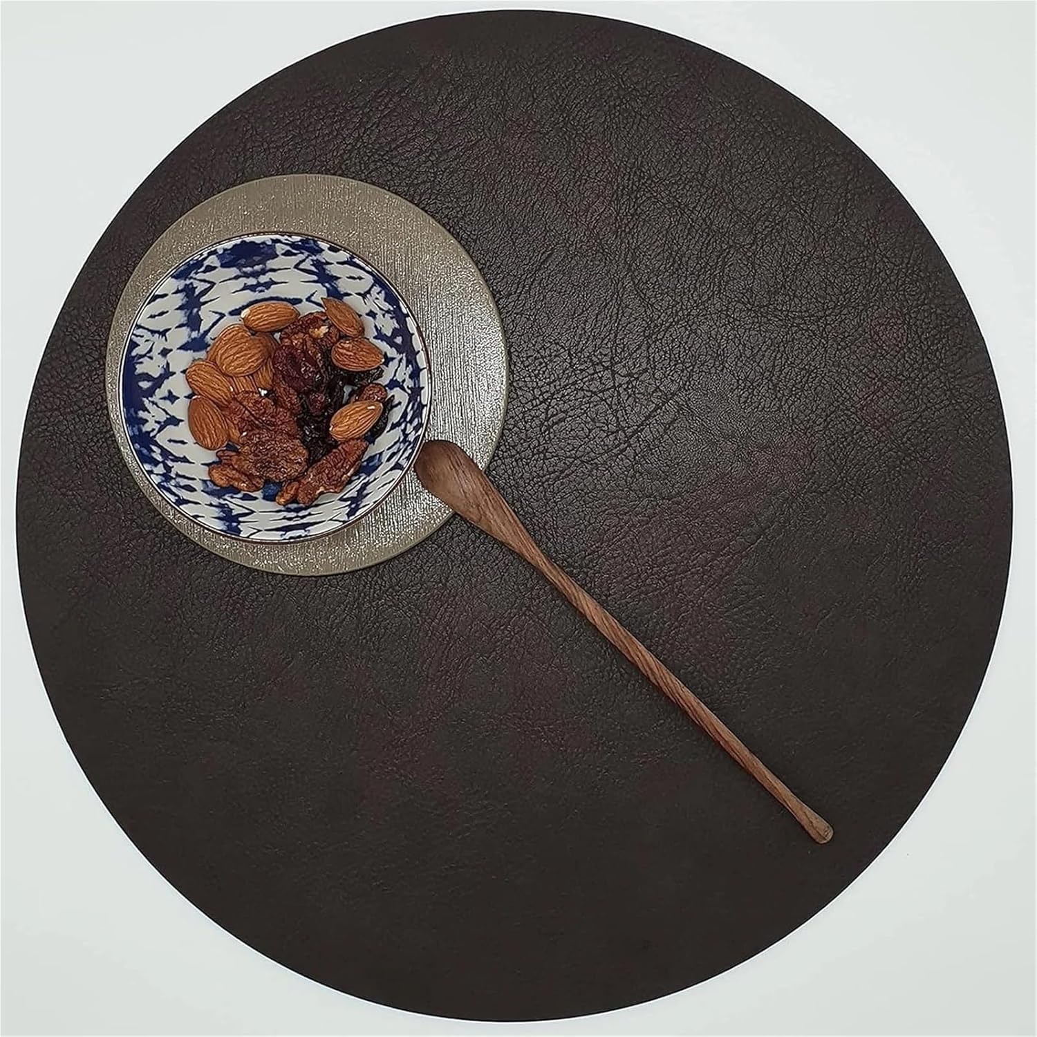 Light Luxury Solid Leather Placemat Coffee Brown PVC Table Mat Waterproof Oilproof Heat-Insulated Plate Bowl Pad Table Decor(2p,Round 38cm 1pcs)