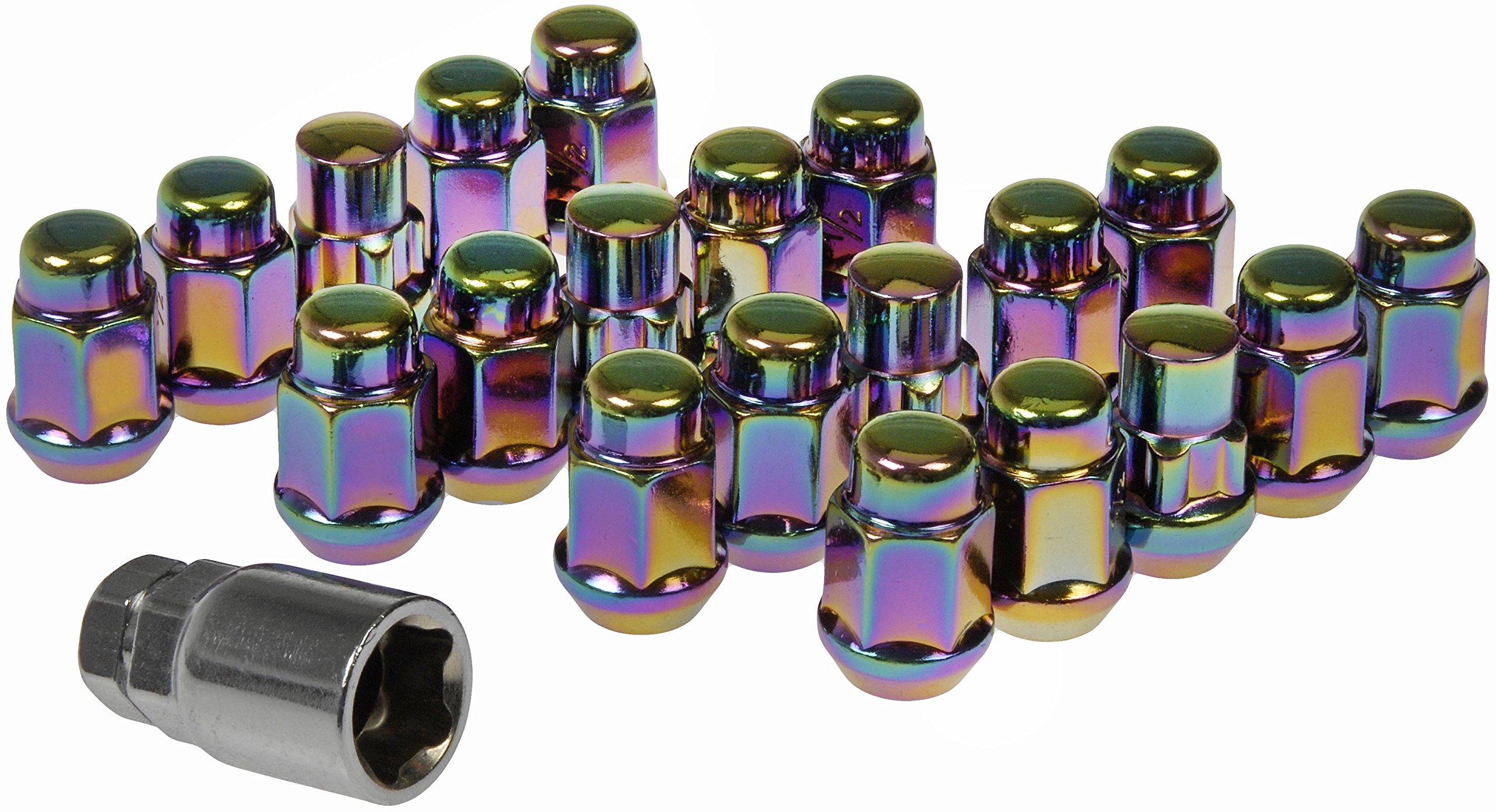 Dorman 711-235G - Paquete de 16 tuercas de rueda neocromadas y 4 tuercas de bloqueo con llave, tamaño de rosca de 1/2 pulgada -20