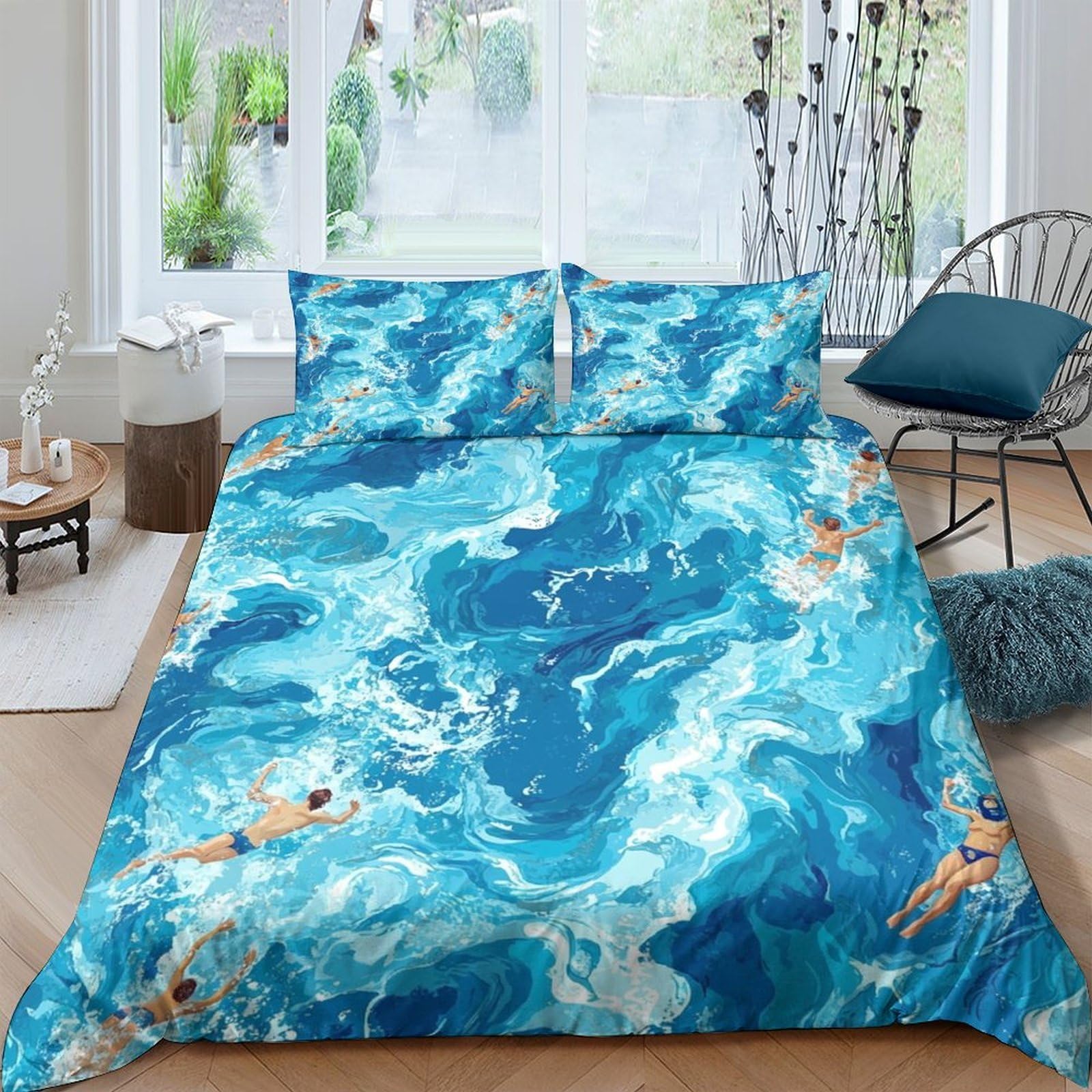 Ctjqhvkz Style-10 3D Printed Ocean Wave Fitted Sheet Microfiber Anti-Slip Swimmer Mattress Cover Bedroom Home Decor Washable Single（135X200cm）