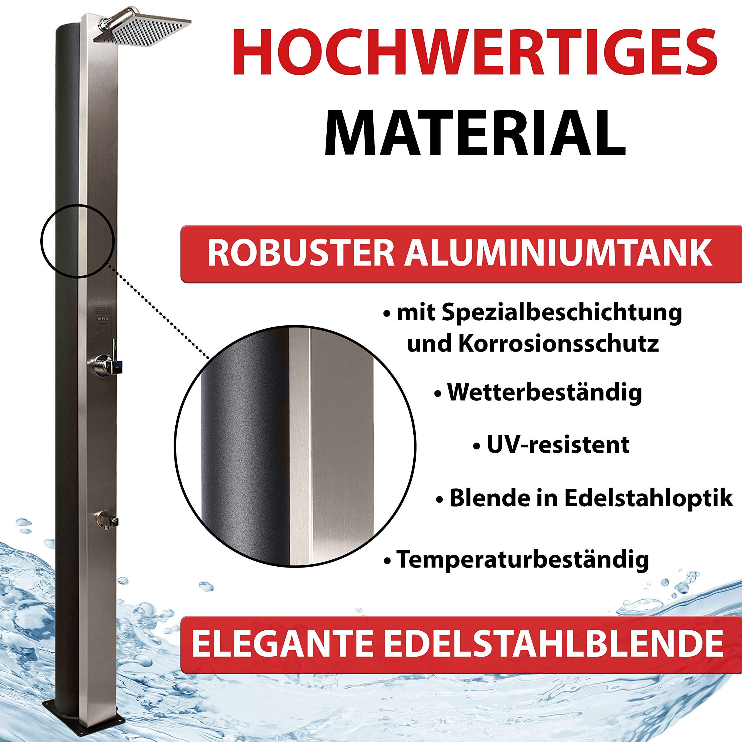 Solardusche 40 L, extra große Füllmenge, Gartendusche Aluminium, Solardusche Garten mit Fußdusche, Gartendusche Solar für Warm- und Kaltwasser, Gartendusche Aussendusche Edelstahl