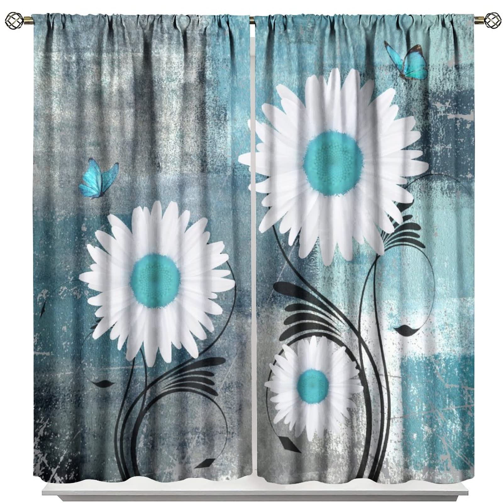 Rustic Daisy Window Curtains,Farmhouse Floral Flowers Retro Farm Style Living Room Bedroom Kitchen Bathroom Home Decor Blackout Drapes W55xL63in