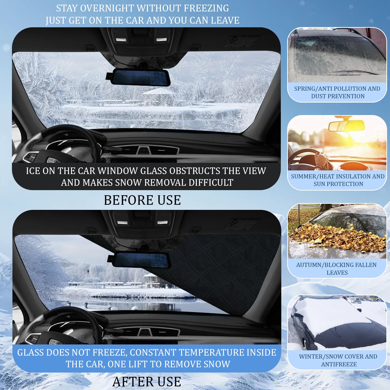 GWAWG Housse De Pare-Brise Voiture Pour Hiver Froid, 150 * 93cm Grande Taille Protecteur De Pare-Brise Anti-Givre Voiture, Protection Anti-Givre Housse De Pare-Brise D’Hiver, Tous Types De Voitures