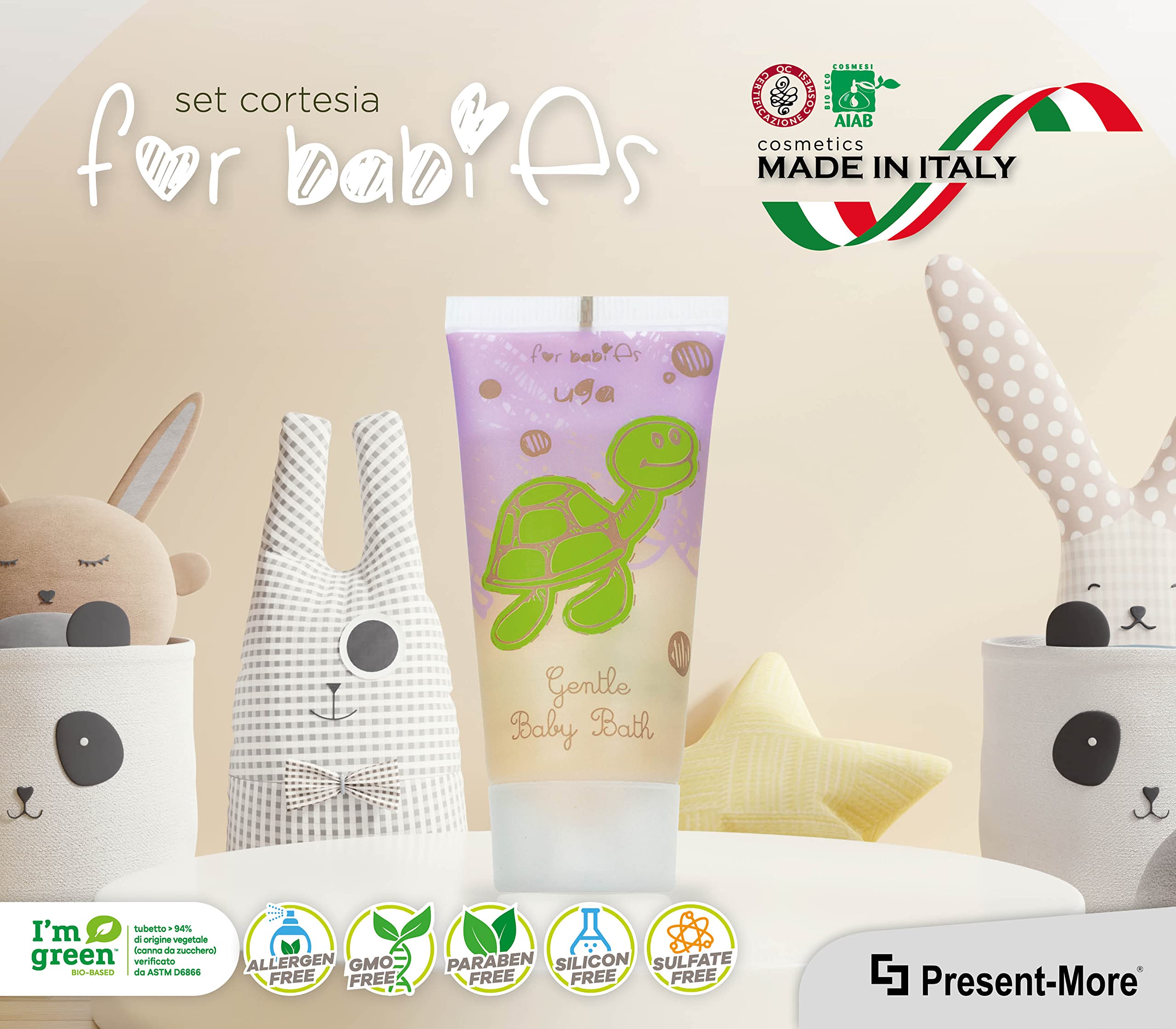 PRESENT-MORE - Bagno Schiuma 40ml For Babies - Confezione da 150 Pezzi - Bagnoschiuma Monodose Senza Allergeni - Fragranza Bubble - Made in Italy - Ideale per Hotel e B&B