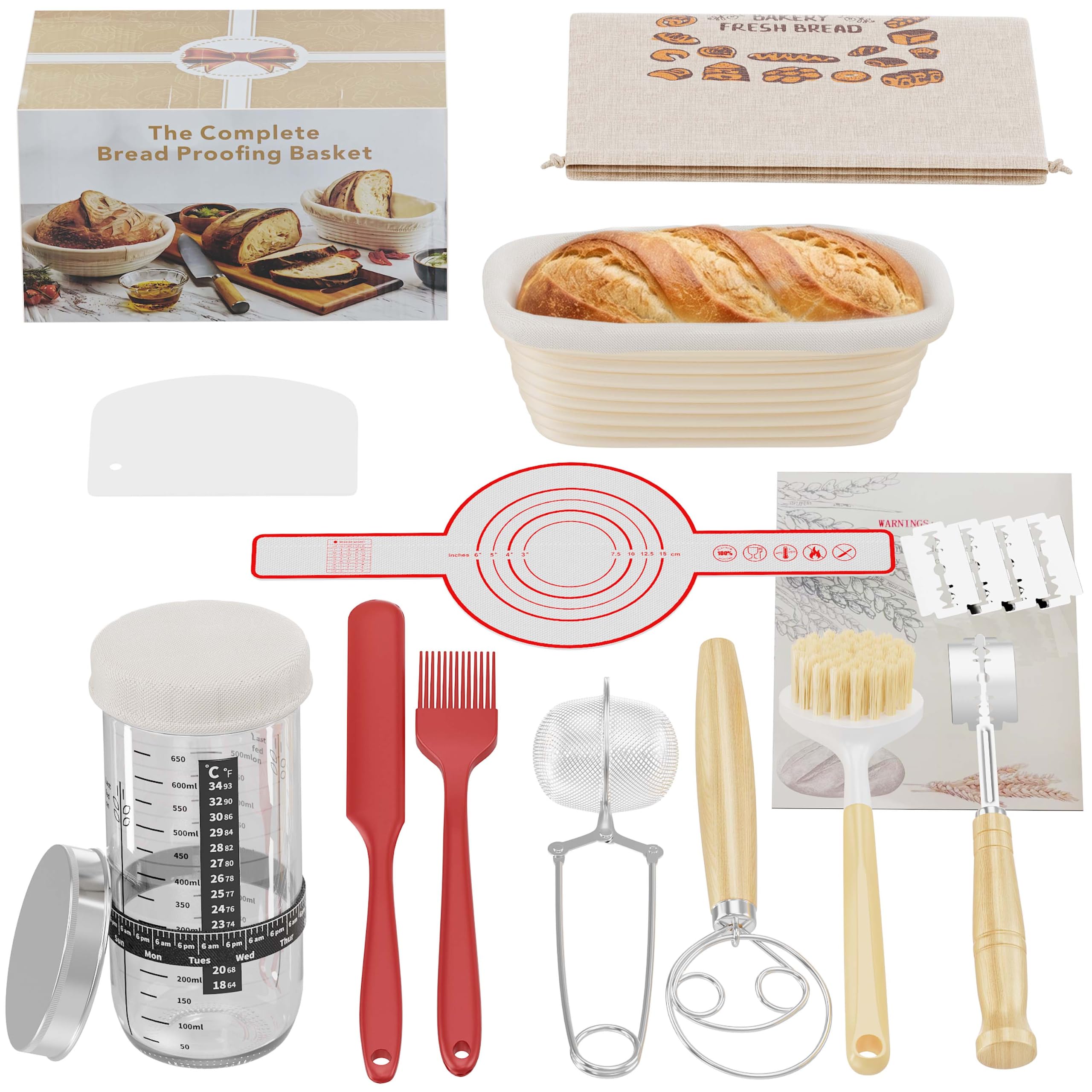 Sourdough Starter Kit, Complete Sour Dough Starter Kit With Handcrafted Oval rattan banneton,Starter Jar,Dough Scraper,Bread Lame&Bread Making Accessories (11pcs Bread Starter Kit)