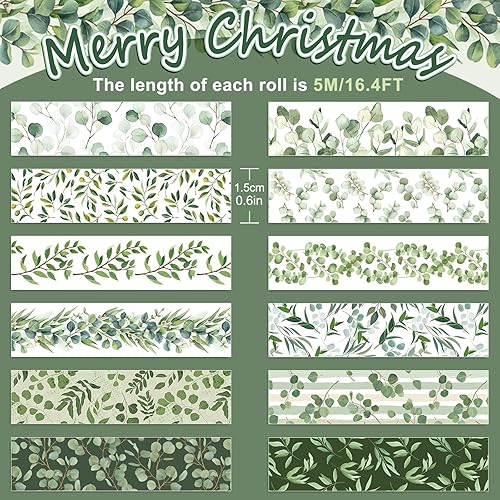 Miniatura 2 de Whaline 12 rollos de cinta washi de hojas de eucalipto de hojas de eucalipto, cinta adhesiva de plantas verdes, cinta adhesiva decorativa de