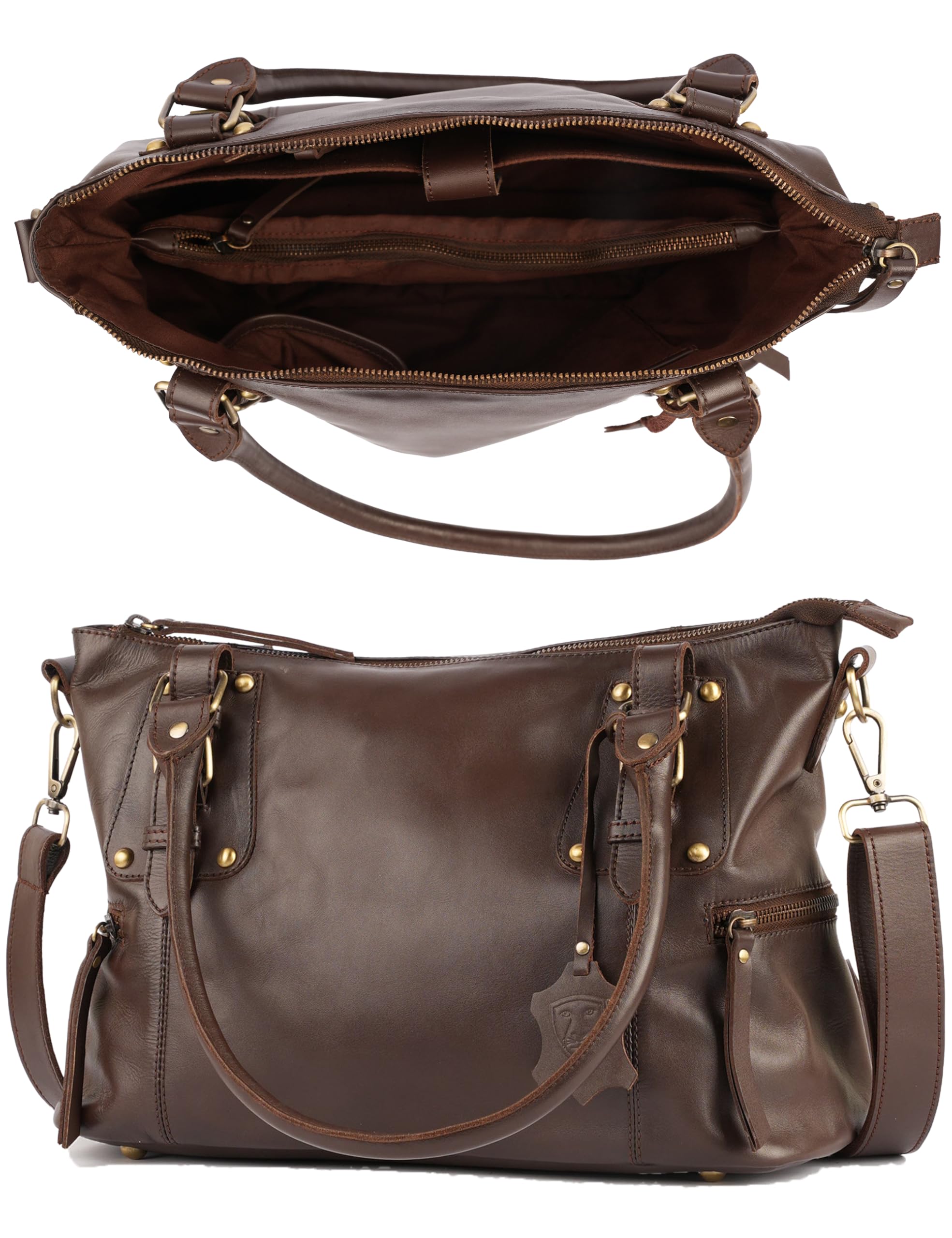 Bolso de mano de piel auténtica de grano completo para mujer, bolso de hombro, marrón, L=13.75", H=10", W=5.5"