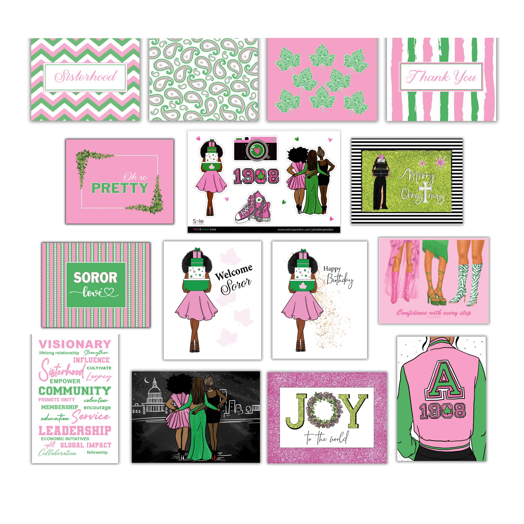 15 PC Sorority-Inspired Greeting Card Pack | Pink &amp; Green Cards with Sticker Sheet