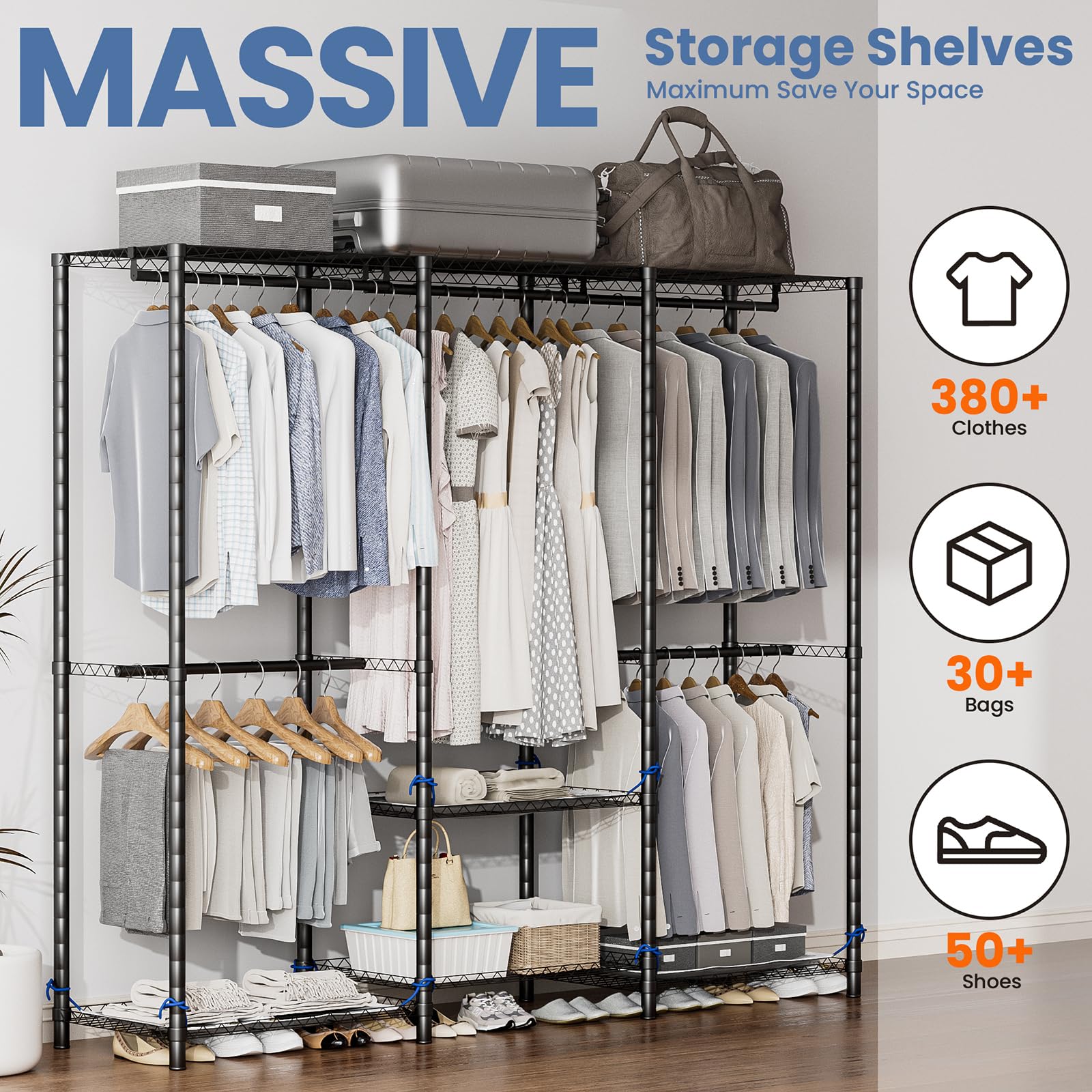 ALSO GO Heavy Duty Garment Rack with Dust-Proof Cover, Portable Wardrobe Closet, Closet Organizer Rack for Hanging Clothes, Wardrobe Closet with Adjustable Height, 70