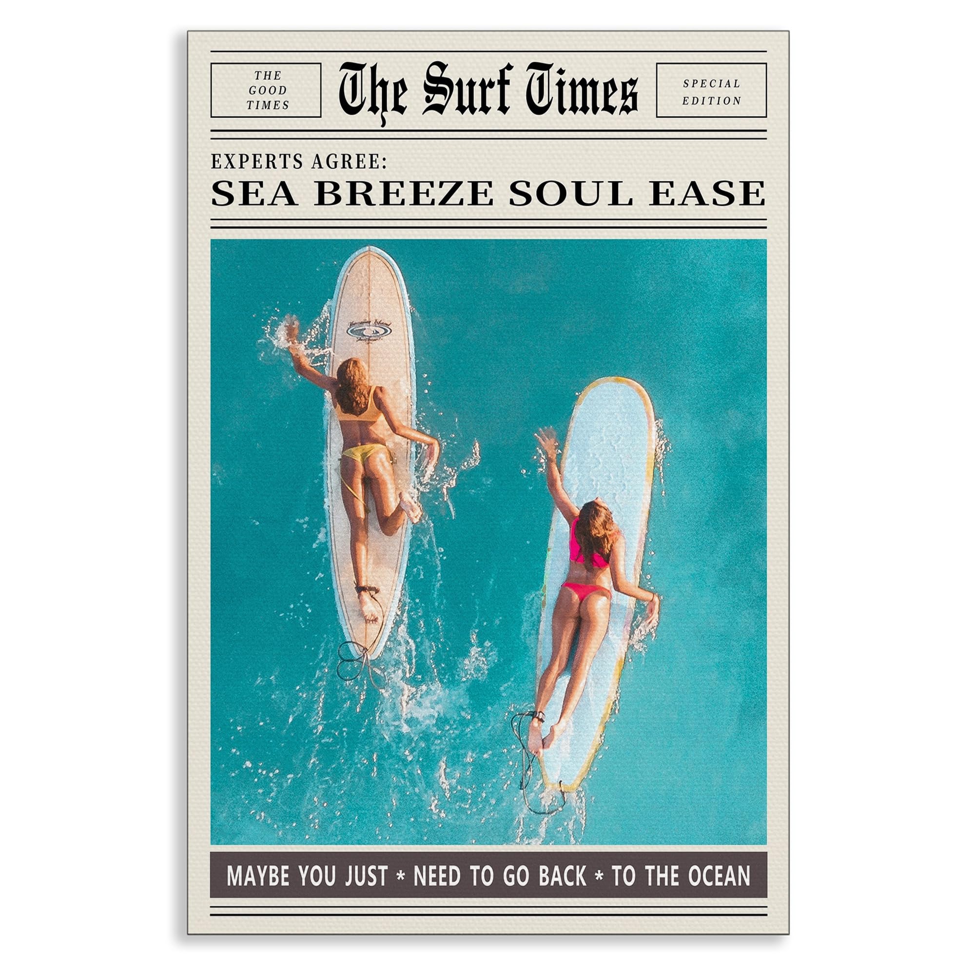 XMJJQQ The Surf Times Two Girls on Surfboards Canvas Wall Art, Green Ocean Newspaper Surfing Poster, Summer Beach Picture Wall Decor, Coastal Beachy Sea Breeze Soul Ease Quote Print 12x16in Unframed