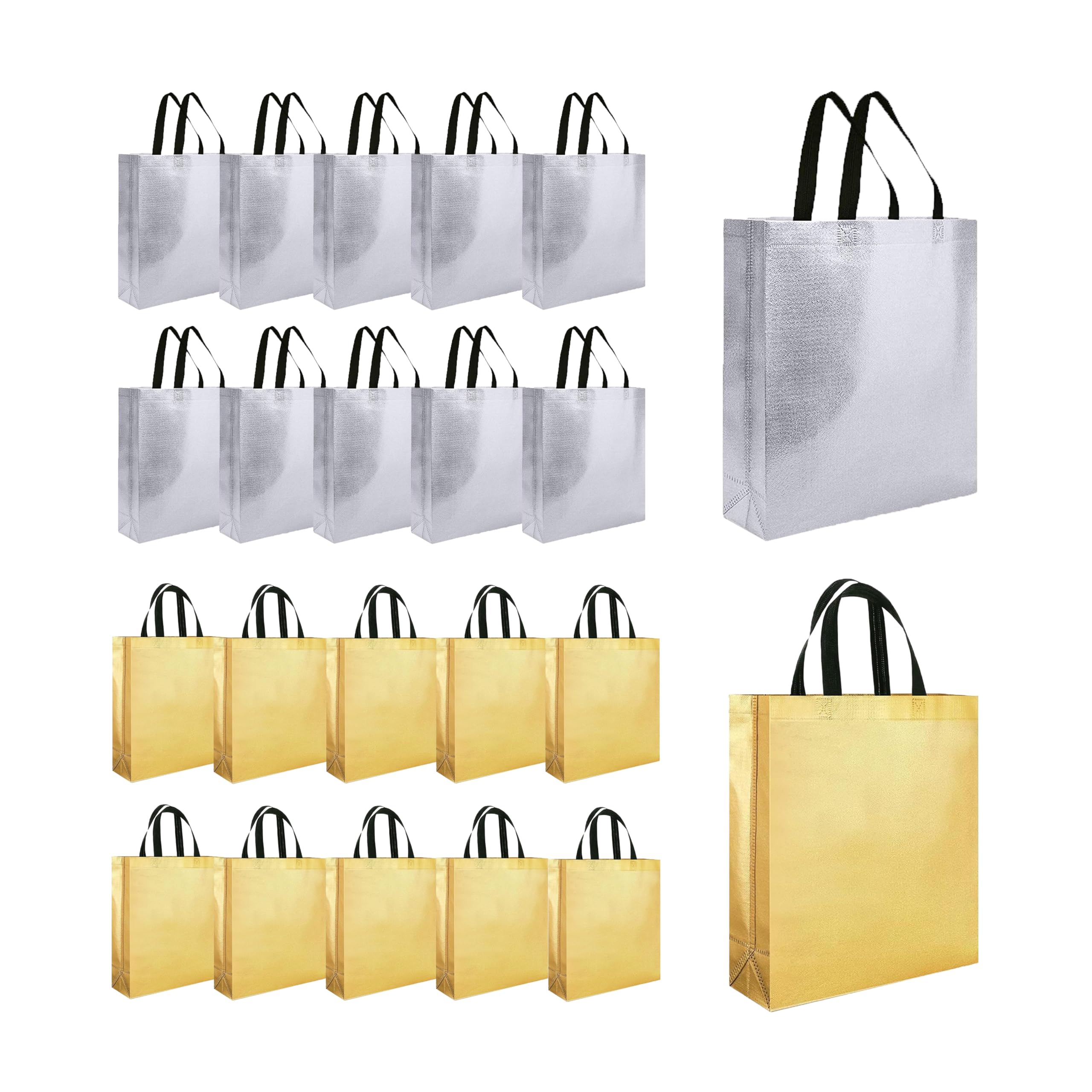 Evafly Gift Bag Medium Size Pack of 20 : L13 x W12 x D4 inch|Resuable Non-Woven Shiny Metallic Laminated|Return Gift For Haldi/Wedding Favours/Baby Shower/Birthday - Silver + Golden