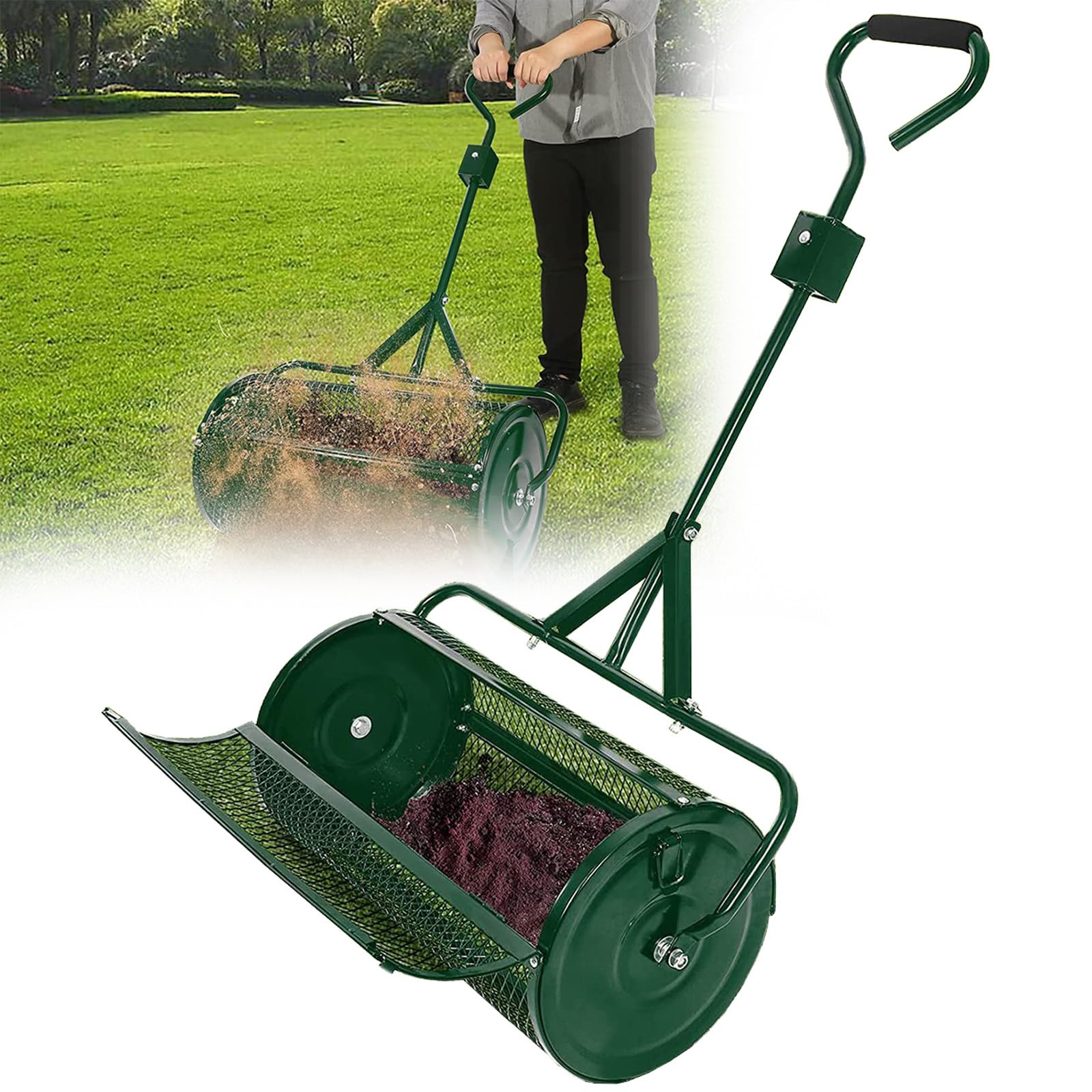 Épandeur de Compost de 24 Pouces pour Pelouses, pour la Plantation et L'ensemencement, Épandeurs de Mousse de Tourbe Durables, Rouleau D'épandage de Fumier pour L'entretien des Pelouses,Green-40*60cm