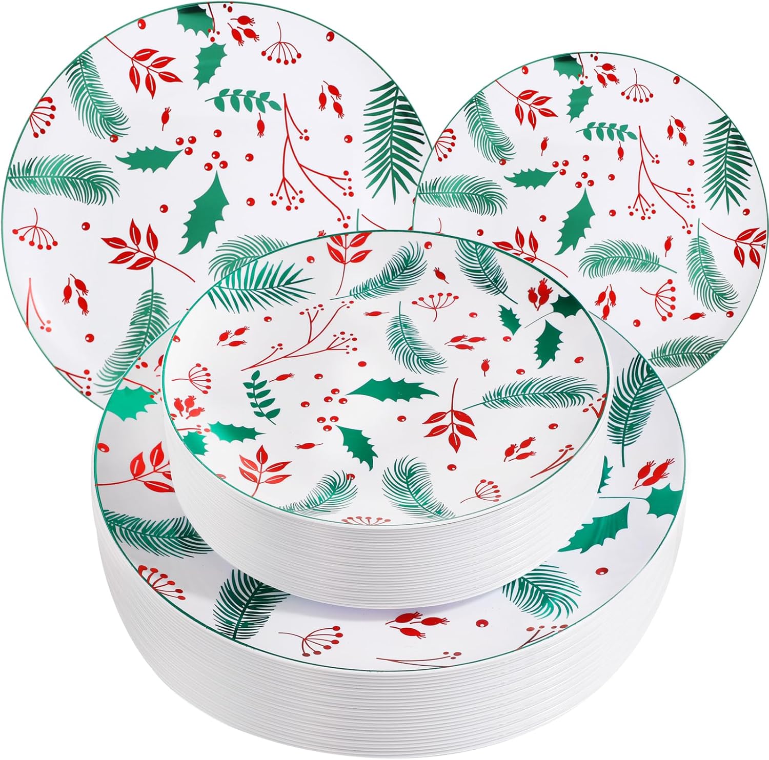 noccur 60pcs christmas plates disposable - green and red plastic plates - heavy duty christmas plates with pine needle and berry printed include 30 dinner plates&30salad plates,idea for christmas green&red